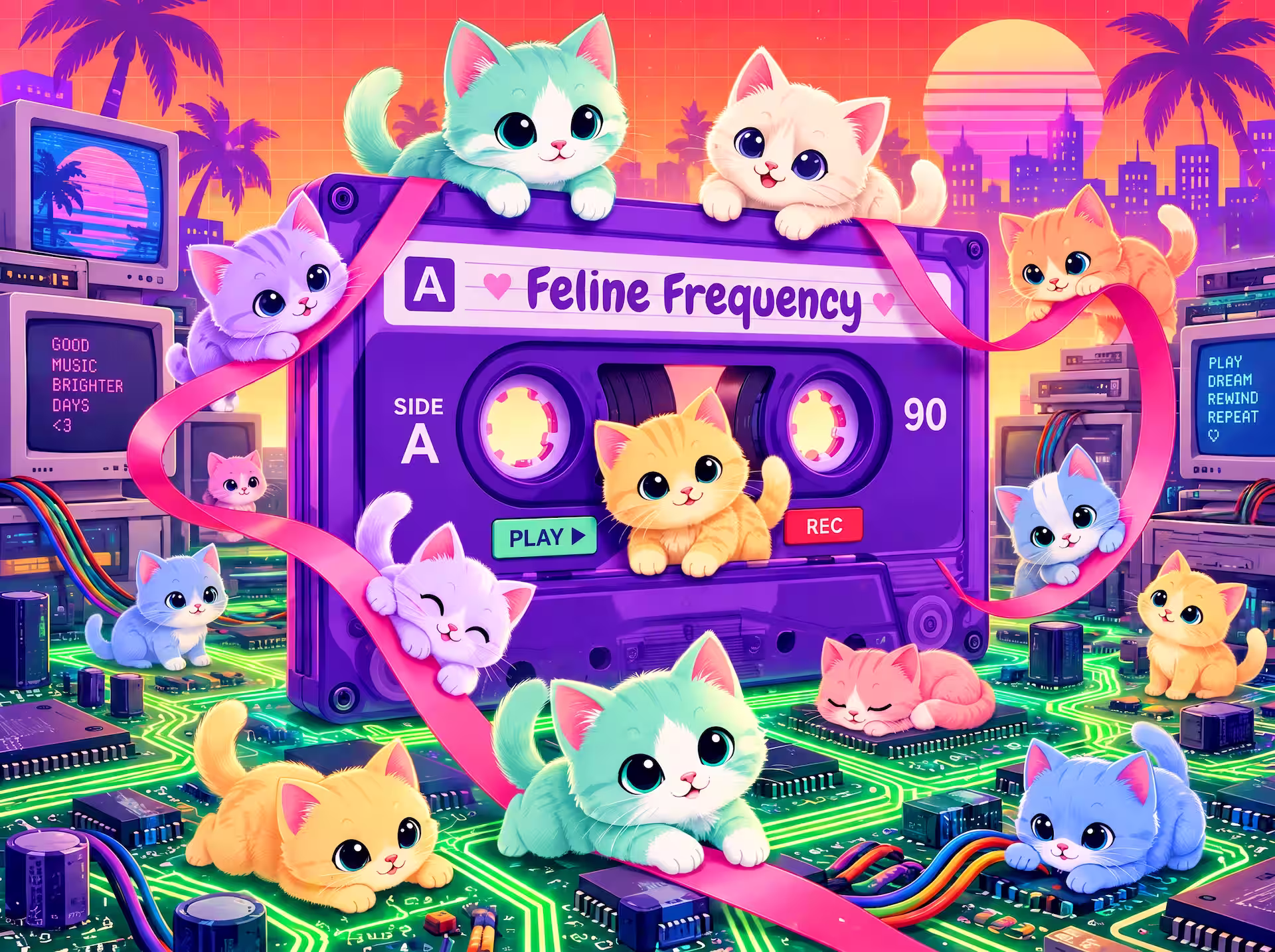 Vaporwave-Puzzle. Eine kontrastreiche gemütliche Szene mit einer riesigen violetten Audiokassette mit der Aufschrift „COZY TAPE“. Flauschige pastellfarbene Kätzchen in Mintgrün, Violett und Gelb klettern auf der Kassette und spielen mit herausgezogenen pinken Bändern. Die Umgebung ist eine detailreiche grüne Computerplatine voller Chips, umgeben von Retro-CRT-Monitoren und einem orangefarbenen Rasterhintergrund.