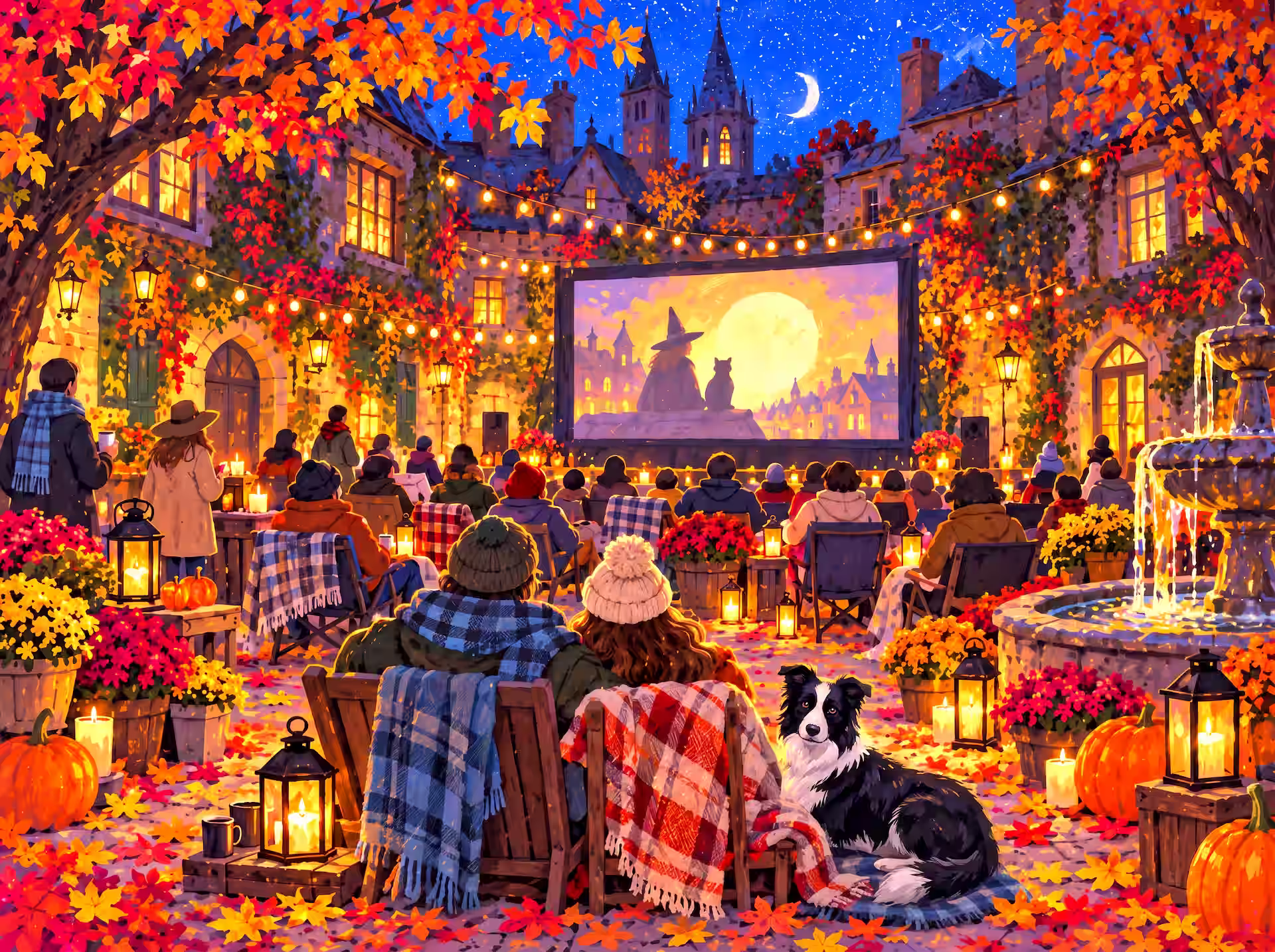 An autumn city courtyard set up for an outdoor movie night, with glowing lanterns, pumpkins, cozy blankets, rows of chairs, and a dog resting beside two viewers.