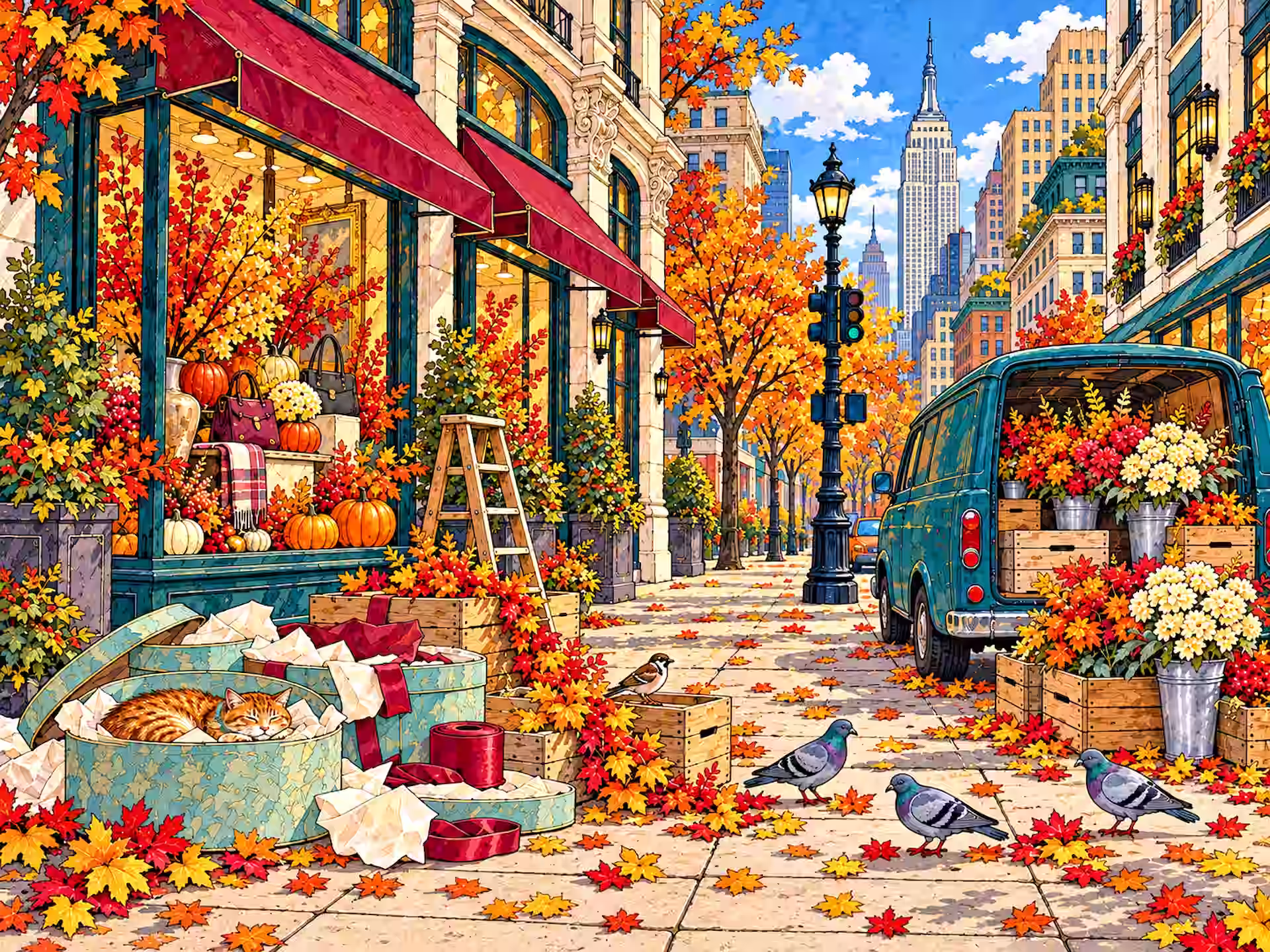 Citycore jigsaw puzzle. A colorful autumn city street with red shop awnings, pumpkins, flower-filled crates, a blue delivery van, a sleeping orange cat in a box, pigeons and a sunlit skyscraper skyline.