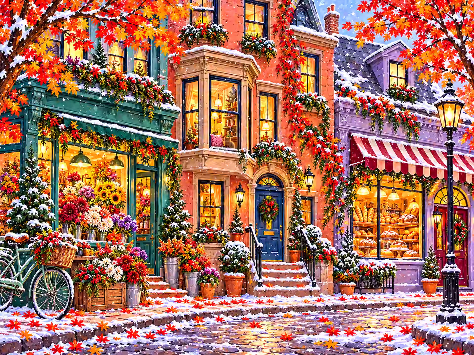 Citycore jigsaw puzzle. A colorful cobblestone street with snow-covered rooftops, brilliant red and orange autumn trees, a flower shop, a cozy bakery and warmly glowing townhouse windows.