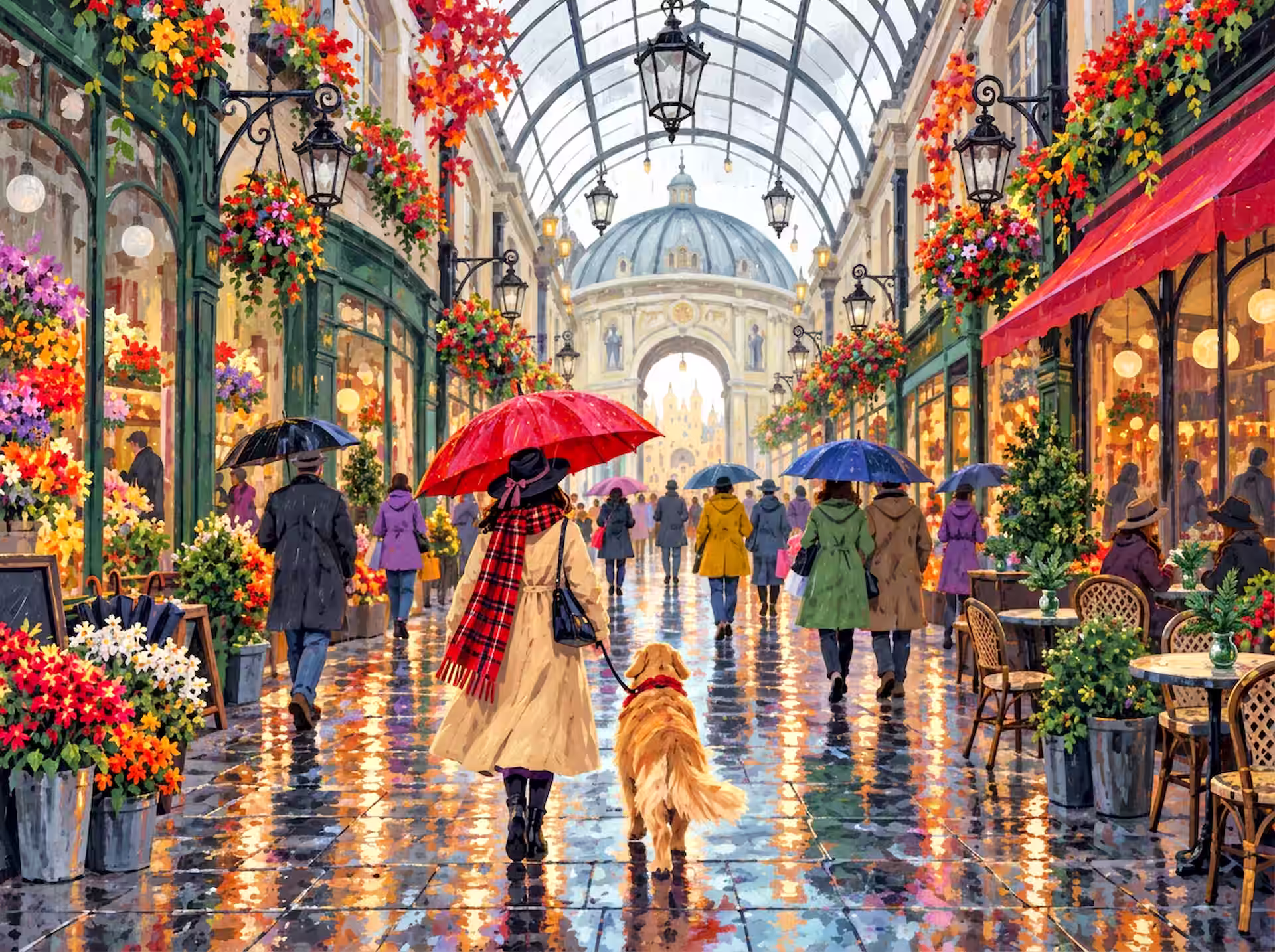 Citycore jigsaw puzzle. A woman with a red umbrella walks her dog through a flower-filled covered arcade on a rainy autumn day, with glowing shop windows and reflections on the wet floor.