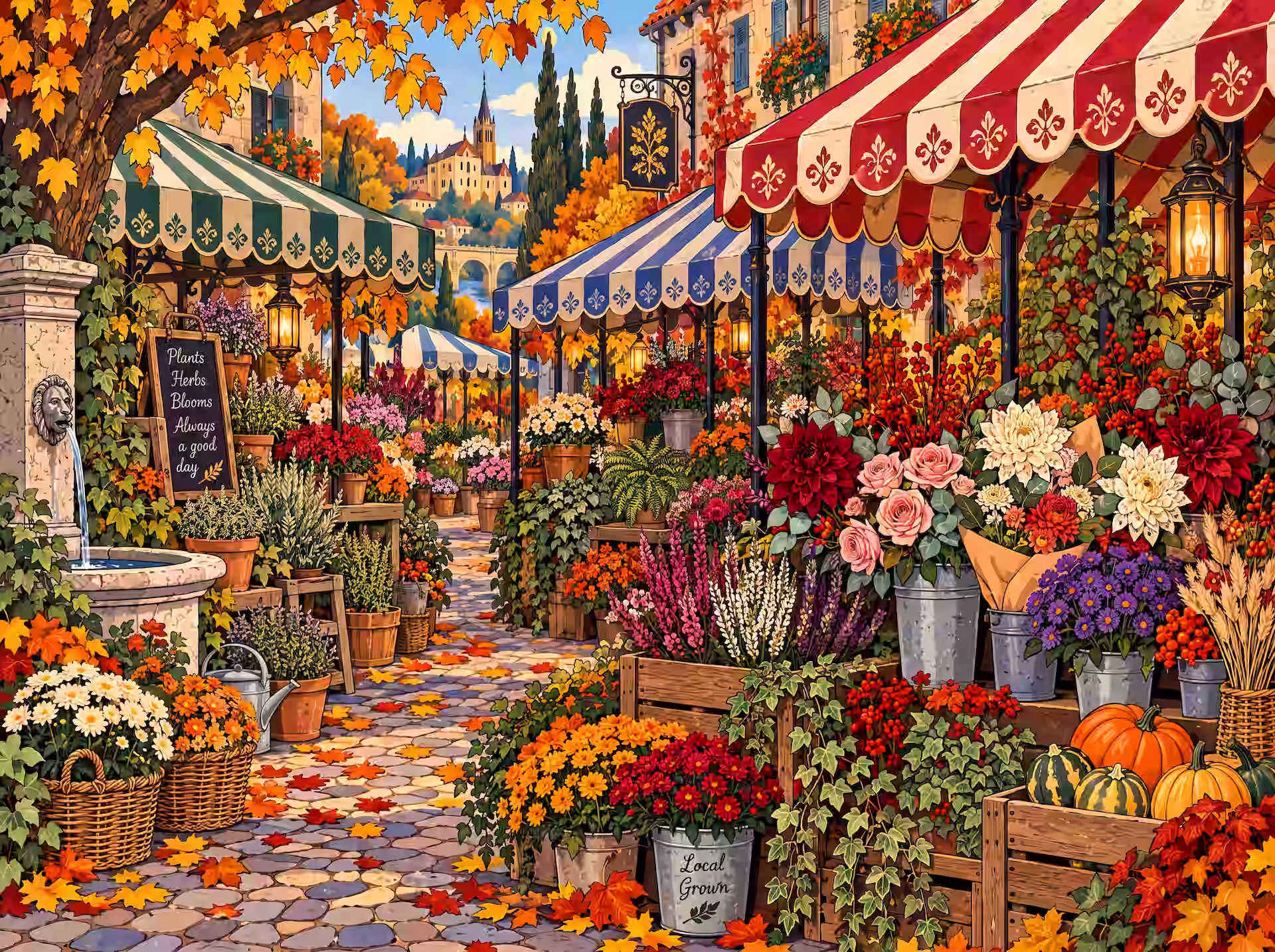 Puzzle cottagecore. Un mercado de flores otoñal con toldos a rayas, ramos coloridos, calabazas, hojas caídas y un camino empedrado en una encantadora calle de pueblo.