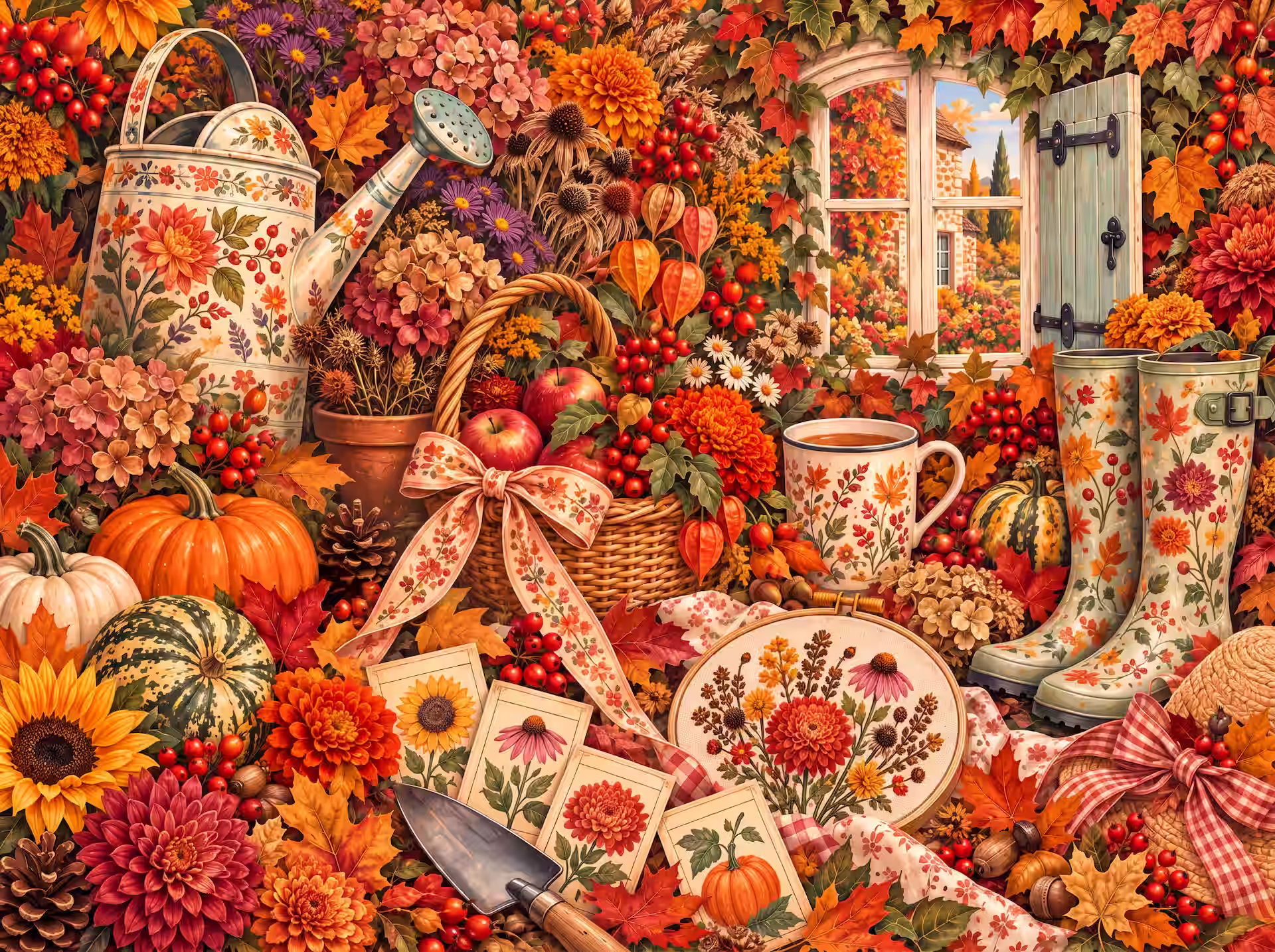 Cottagecore jigsaw puzzle. A rich autumn arrangement of flowers, pumpkins, apples, gardening tools, floral rain boots and embroidery beside an open cottage window.