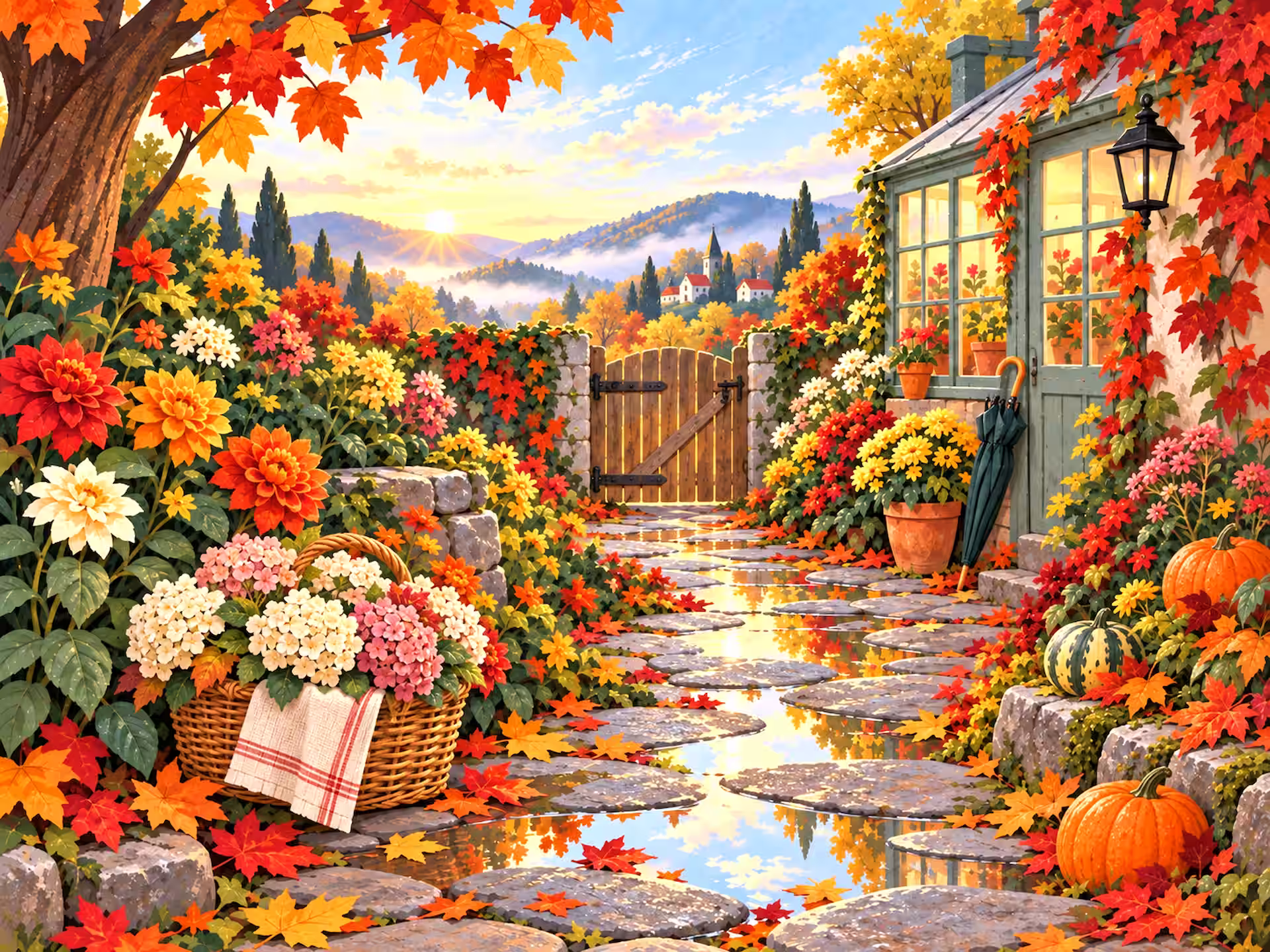 Cottagecore jigsaw puzzle. An autumn garden path with puddles, bright flowers, pumpkins, a basket of blooms and a cottage gate opening toward a sunny village view.