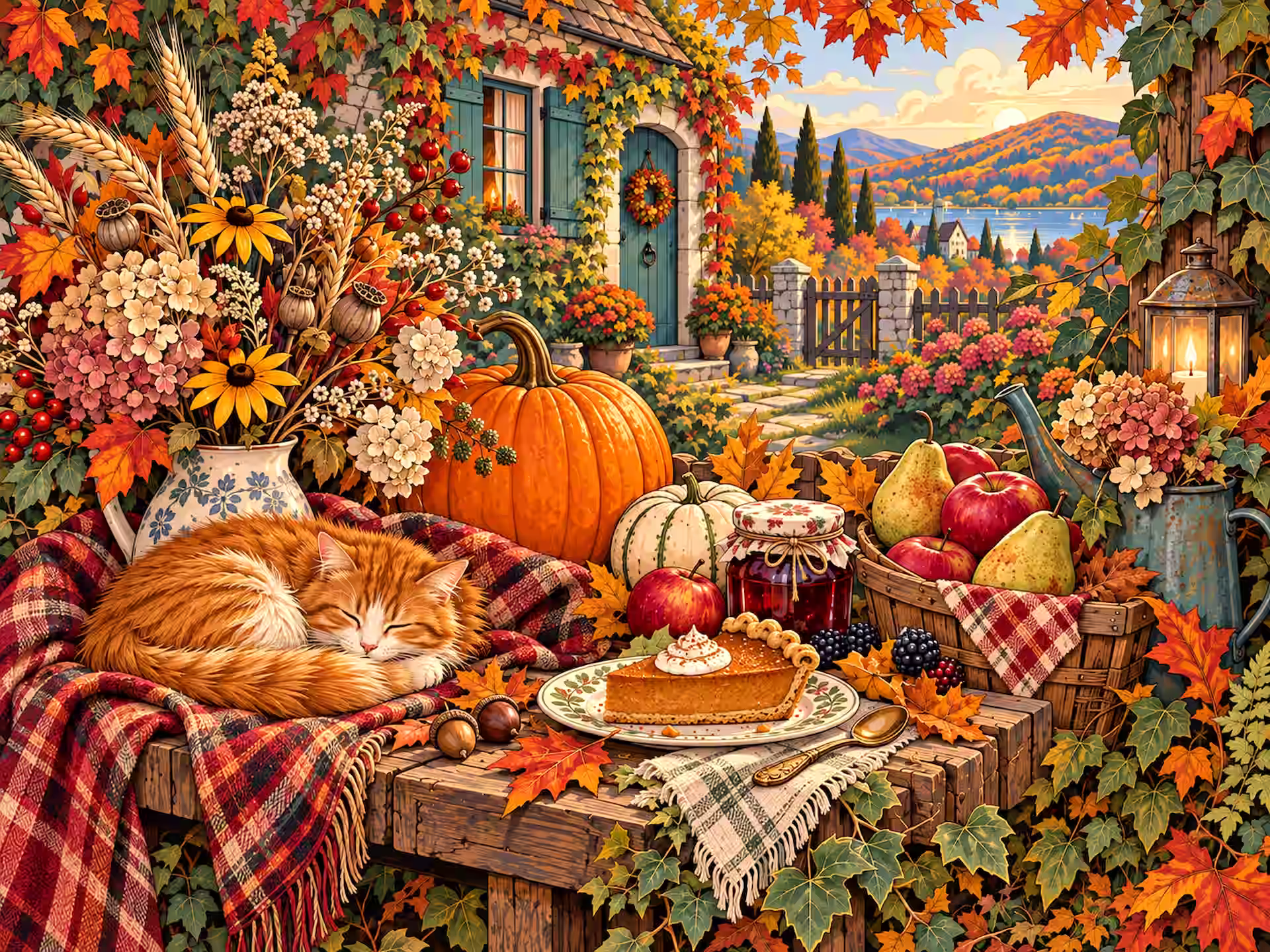 Cottagecore jigsaw puzzle. A ginger cat sleeps among pumpkins, autumn flowers, fruit and pumpkin pie in a colorful cottage garden overlooking a mountain lake.