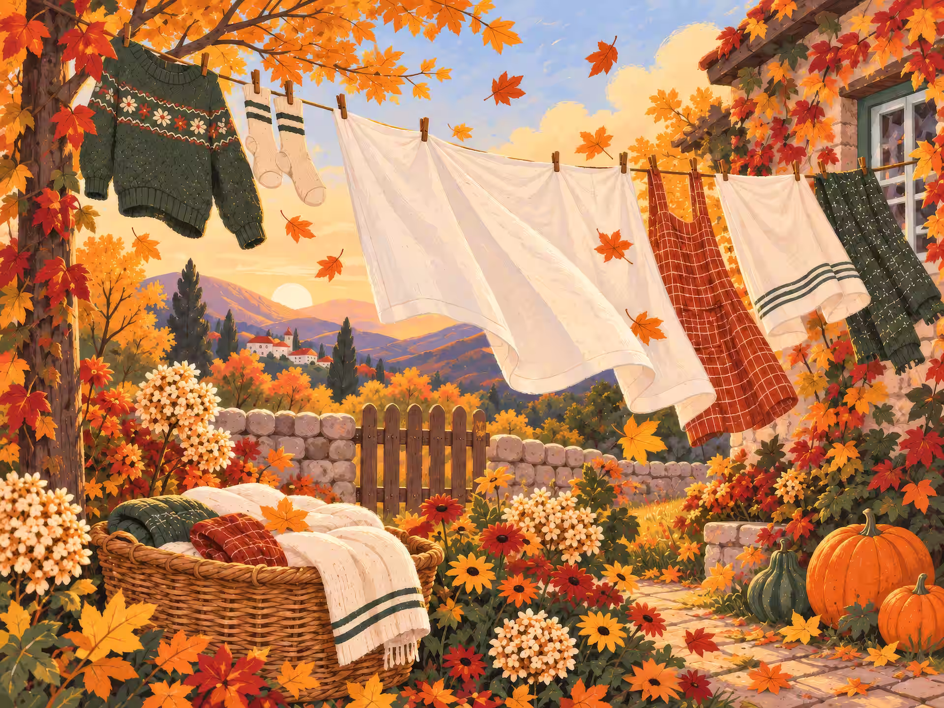 Cottagecore jigsaw puzzle. Laundry hangs on a clothesline beneath bright autumn leaves in a cottage garden with flowers, pumpkins and a golden mountain view.