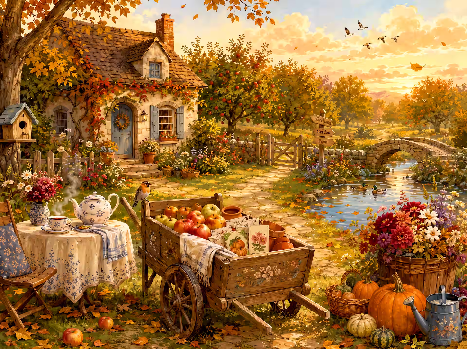 Cottagecore jigsaw puzzle. A cozy autumn cottage garden with apple trees, pumpkins, flowers, a tea table and a wooden cart beside a pond and stone bridge.