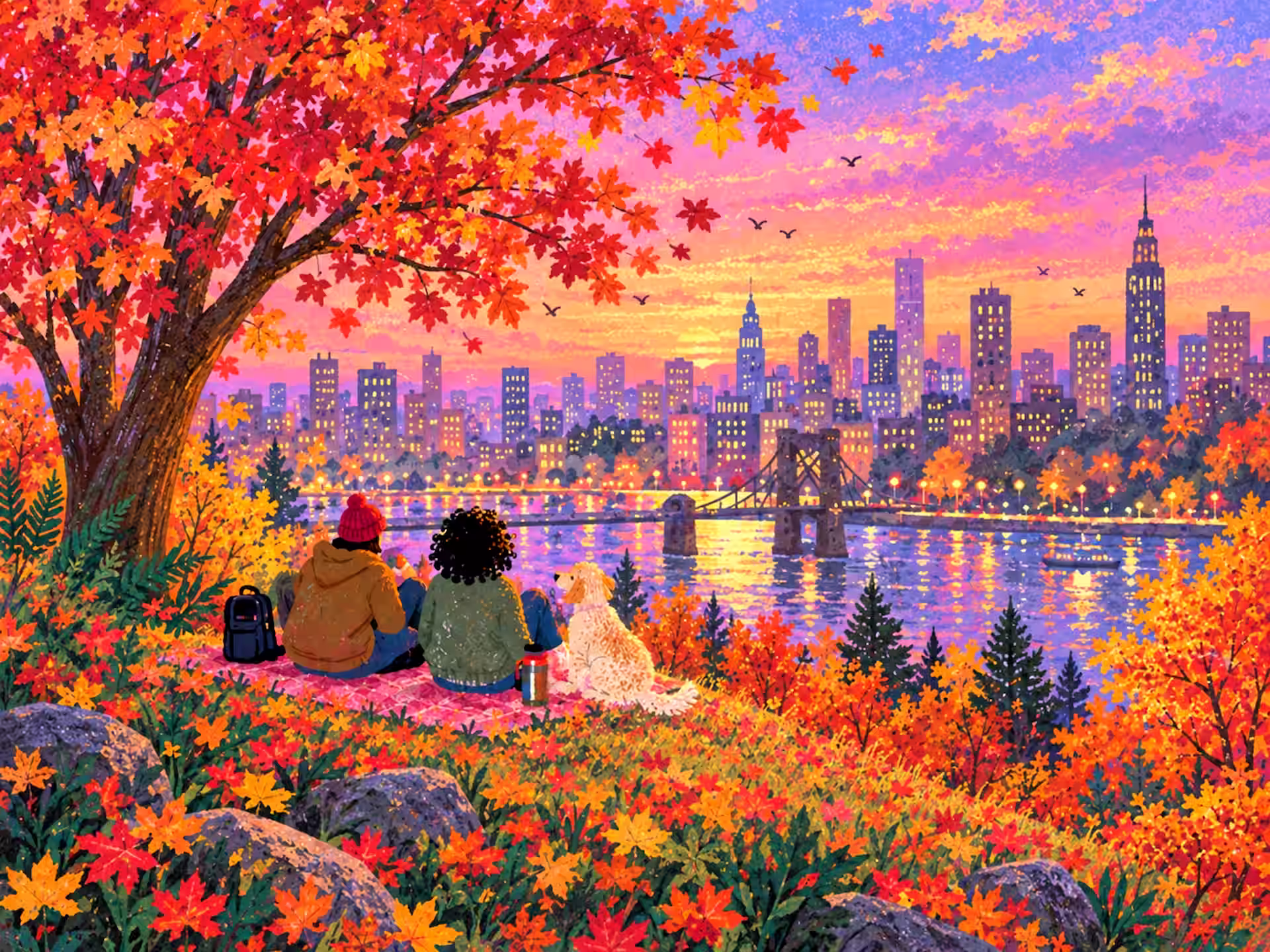 Cottagecore jigsaw puzzle. Two friends and a dog sit on a blanket among bright autumn leaves, watching the sunset over a river and glowing city skyline.