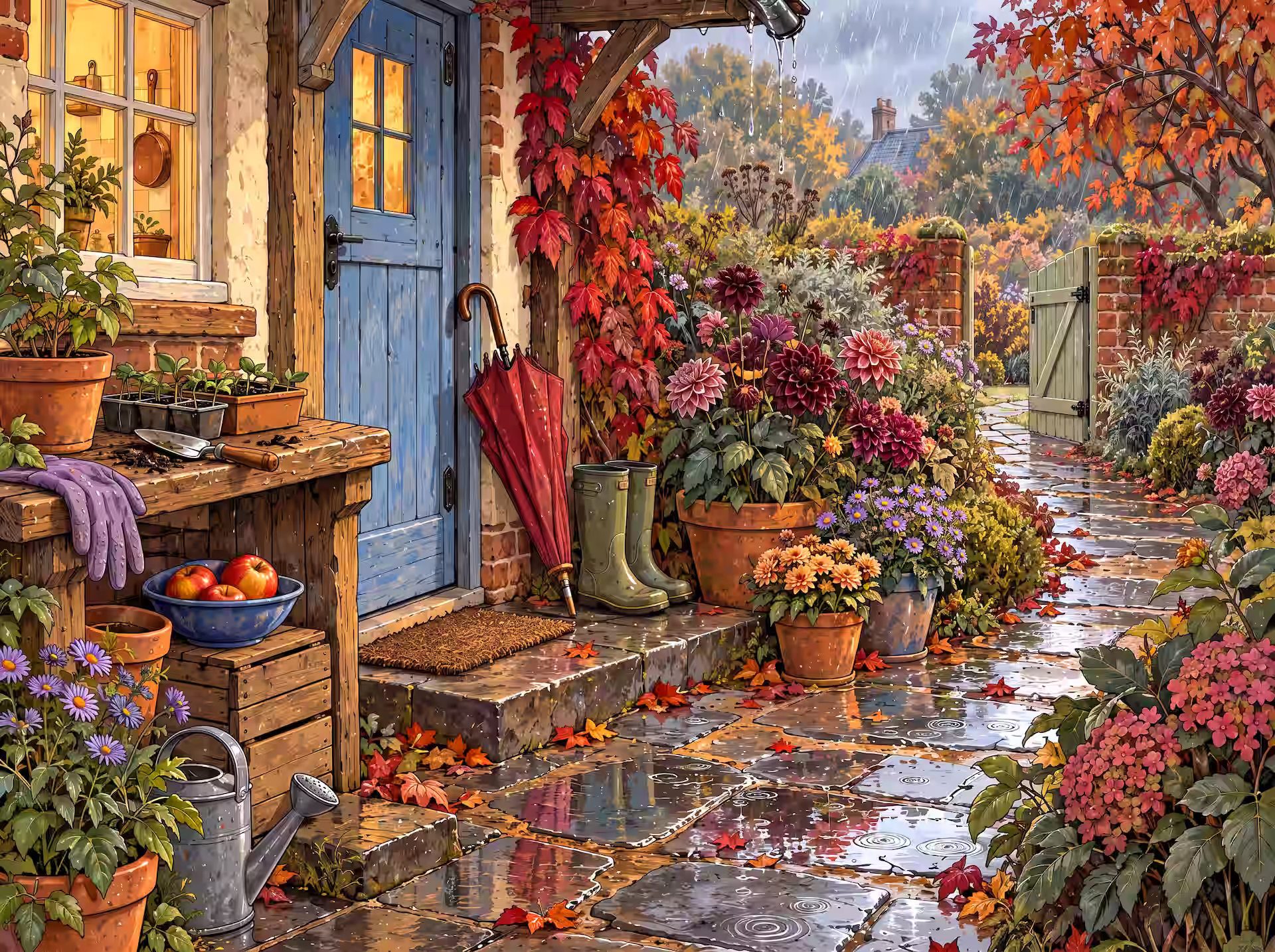 Puzzle cottagecore. Un jardin cottagecore sous la pluie en automne, avec une porte bleue, un parapluie, des bottes, des pots de fleurs et une allée de pierre mouillée couverte de feuilles tombées.
