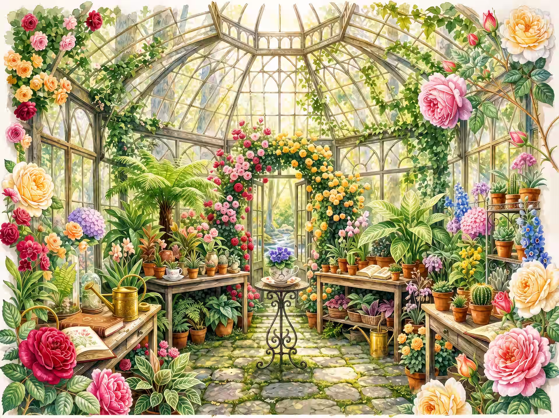 Cottagecore jigsaw puzzle featuring a sunlit watercolor Victorian glass greenhouse filled with vibrant blooming roses, potted ferns, and botanical plants. An open rose archway leads into a serene forest view, while rustic wooden tables and watering cans rest on stone cobblestone flooring. The scene is framed by a lush pink and yellow rose garden border.