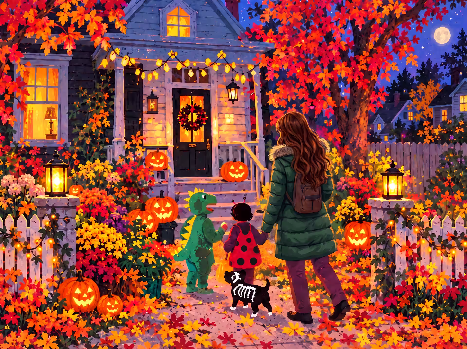 Cottagecore-Puzzle. Ein gemütliches Halloween-Cottage mit leuchtenden Kürbissen, Herbstlaub und Laternen, während eine Frau, zwei verkleidete Kinder und ein kleiner Hund den Gartenweg hinaufgehen.