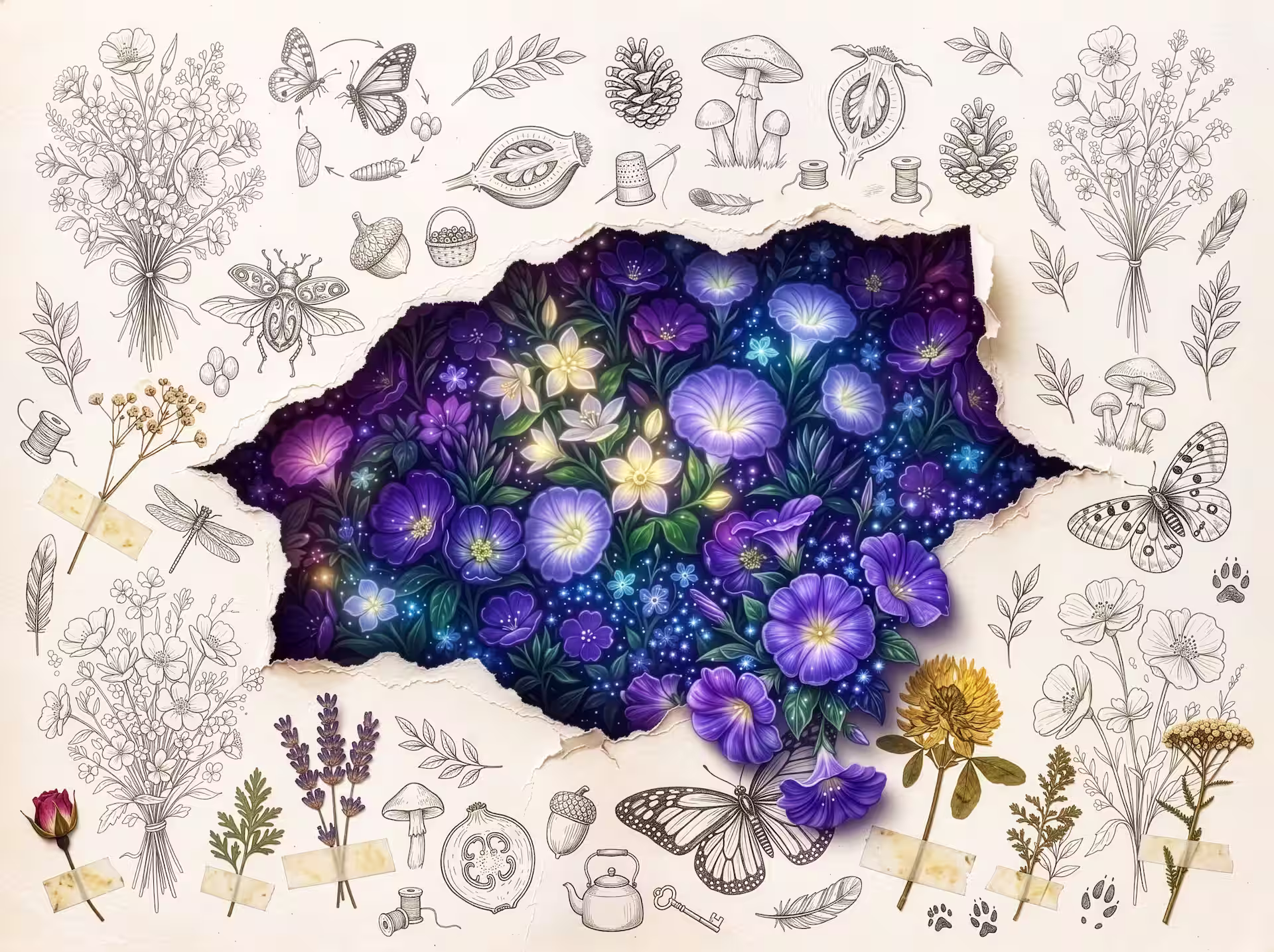 Cottagecore jigsaw puzzle featuring a torn paper art page revealing a glowing cosmic night garden filled with magical violet and indigo flowers. Through the central tear, glowing blue starlight and vibrant purple morning glories bloom against a dark, starry backdrop. The surrounding parchment page is covered in black-and-white botanical ink sketches of butterflies, mushrooms, pinecones, and flower bouquets, alongside real dried pressed flowers like lavender and yellow clover taped down with vintage masking tape.
