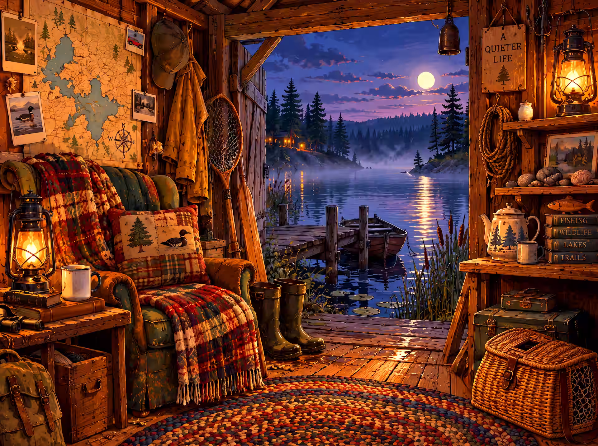 Cottagecore jigsaw puzzle. A cozy lakeside cabin with lantern light, a plaid armchair, fishing gear and a moonlit dock beside a calm forest lake.