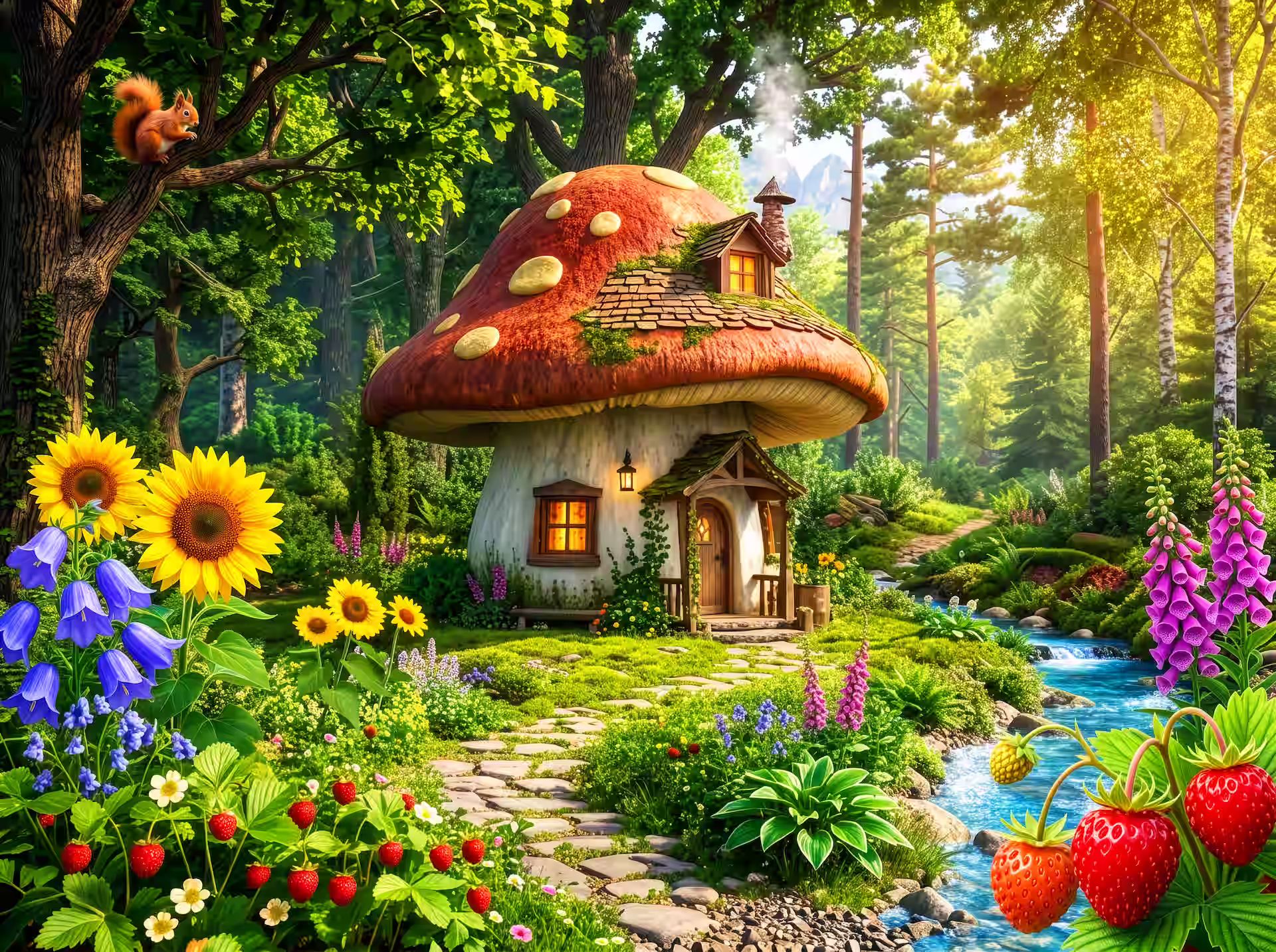 Cottagecore-Puzzle. Eine sonnige, farbenfrohe 3D-Illustration eines großen Pilzhauses mit einem rot-weiß gepunkteten Dach inmitten eines üppig grünen Waldes. Ein gewundener Steinweg führt zur hölzernen Eingangstür des Hauses. Rechts neben dem Weg fließt ein kleiner, klarer blauer Bach. Im Vordergrund wachsen große blühende Sonnenblumen, violetter Fingerhut, blaue Glockenblumen und reife rote Erdbeeren. Links sitzt ein kleines rotes Eichhörnchen auf einem Ast, während goldenes Sonnenlicht durch die Bäume fällt.