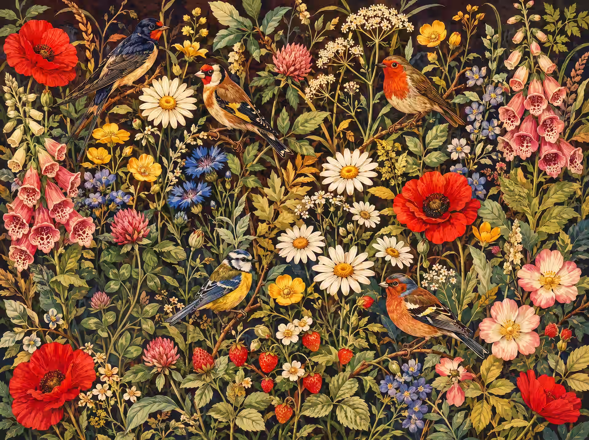Puzzle cottagecore. Des oiseaux chanteurs se perchent parmi des fleurs sauvages, des fraises, des marguerites, des coquelicots et des digitales dans un jardin cottage en pleine floraison.