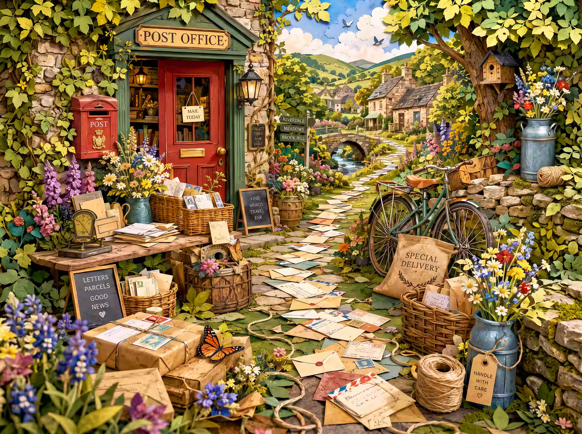 A flower-filled cottagecore village post office with a red mailbox, bicycle, baskets of letters and a winding stone path leading toward cottages and a bridge.