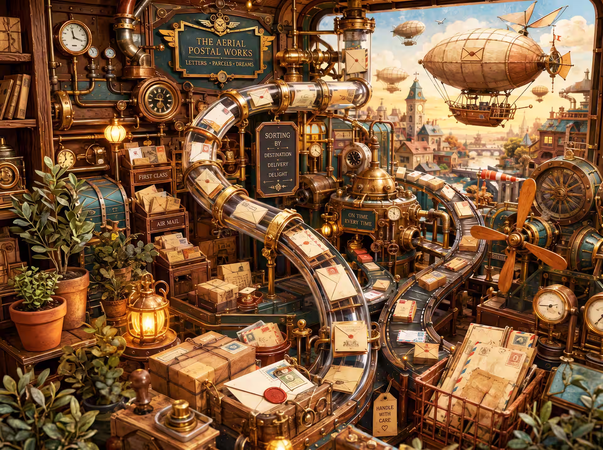 Cozy steampunk jigsaw puzzle. A brass-filled airmail workshop with moving letters, clocks, conveyor belts and airships drifting above a sunlit town.