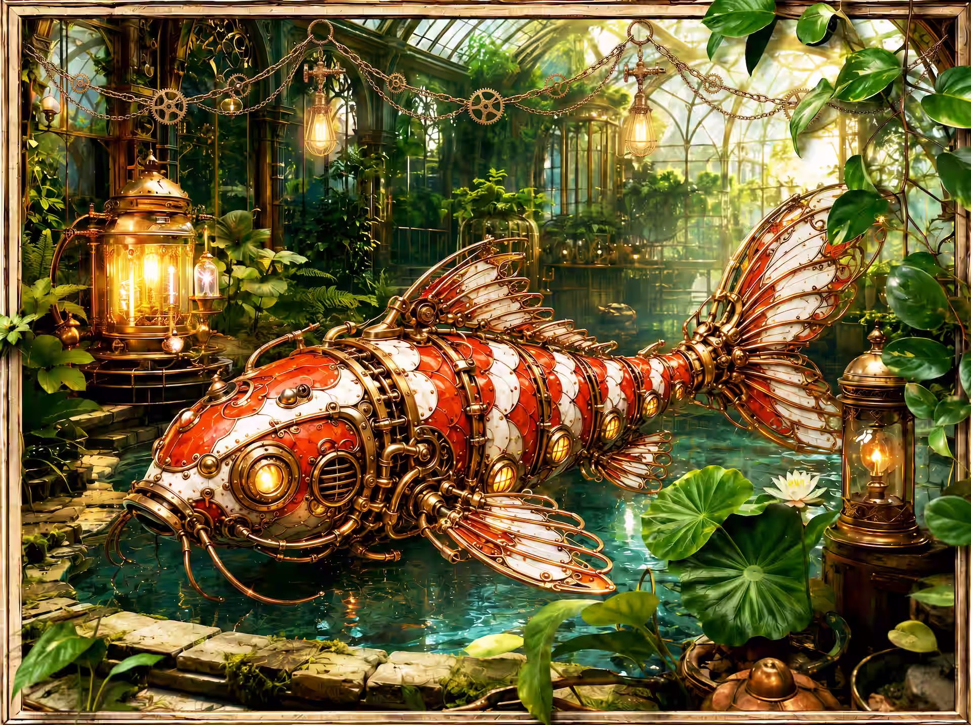 Cozy steampunk jigsaw puzzle. A mechanical koi fish glides through a glasshouse pond surrounded by brass lanterns, tropical plants and warm greenhouse light.