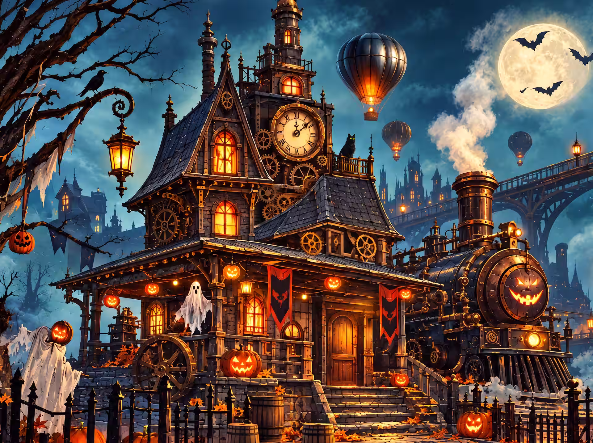 Cozy Steampunk jigsaw puzzle. A glowing steampunk station-house with a steam train, clocktower, pumpkins, ghosts, black cats and hot air balloons beneath a full Halloween moon.