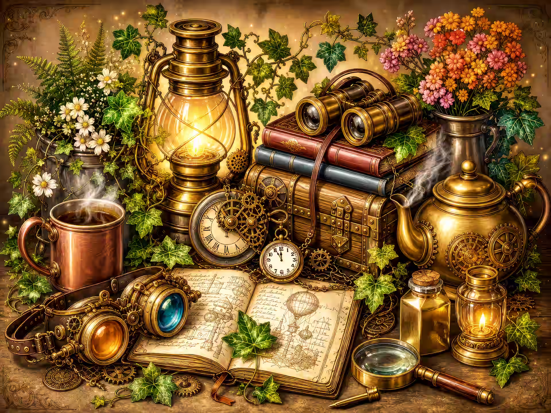 Cozy Steampunk jigsaw puzzle. A detailed Cozy Steampunk still life arrangement. An antique lantern with a glowing flame sits next to a stack of leather-bound books and brass binoculars. Climbing vines intertwine throughout the scene. In the foreground, an open journal displays a sketch of a hot air balloon, surrounded by scattered clockwork gears, pocket watches, a magnifying glass, and intricately designed goggles. A warm cup of tea in a metal mug and a decorative teapot complete the inventor's desk aesthetic.