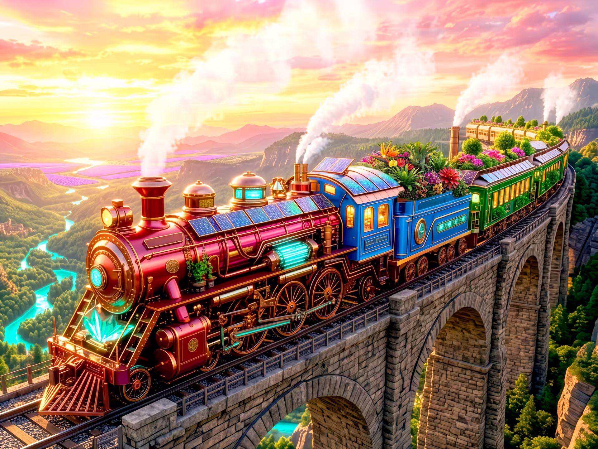 Cozy steampunk jigsaw puzzle. A bright solarpunk train crosses a mountain bridge, with brass details, solar panels, flower-filled carriages and a glowing valley at sunset.