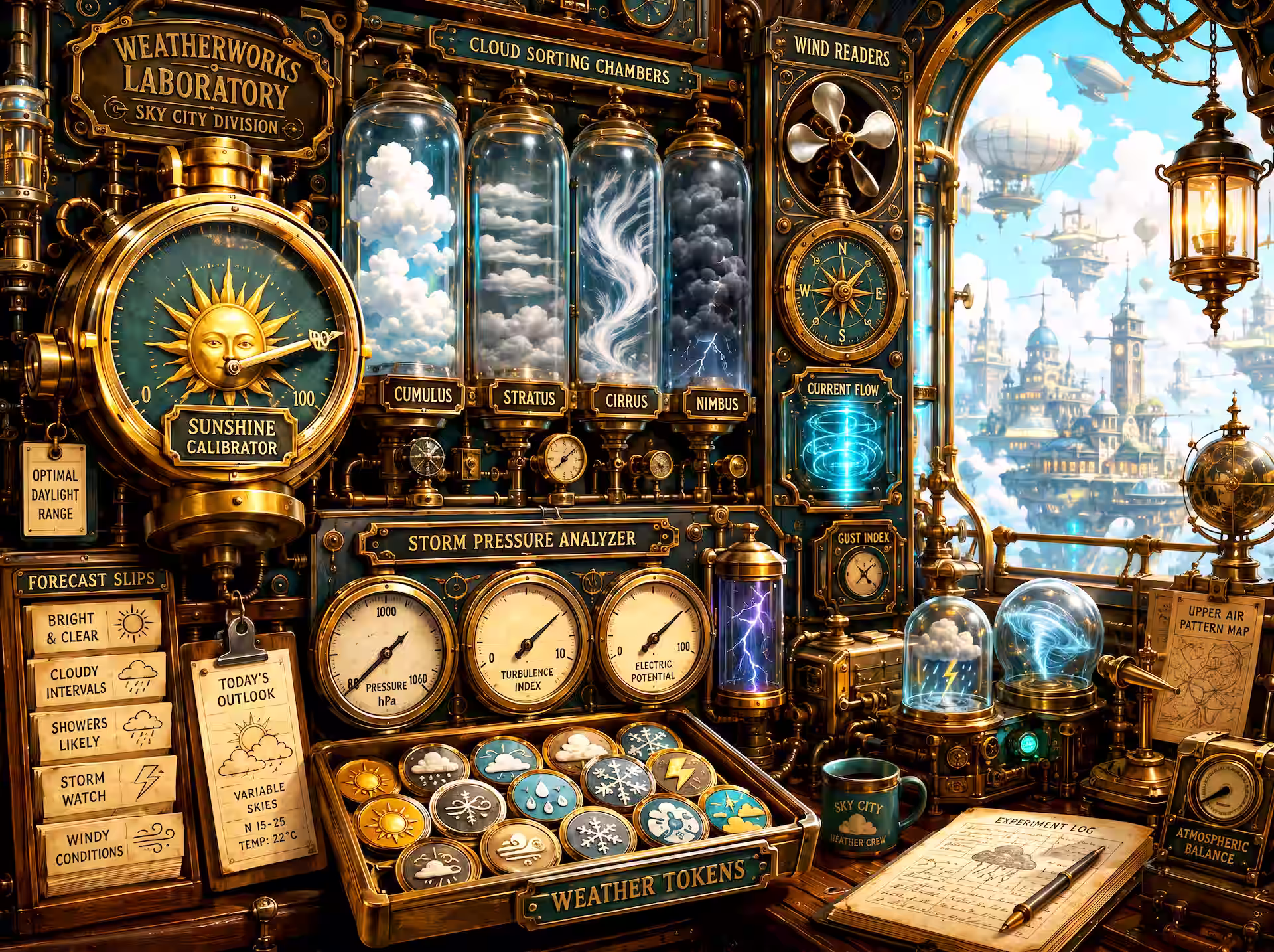 Cozy steampunk jigsaw puzzle. A brass weather laboratory in a sky city, where clouds, storms and sunshine are measured beside a window full of airships.