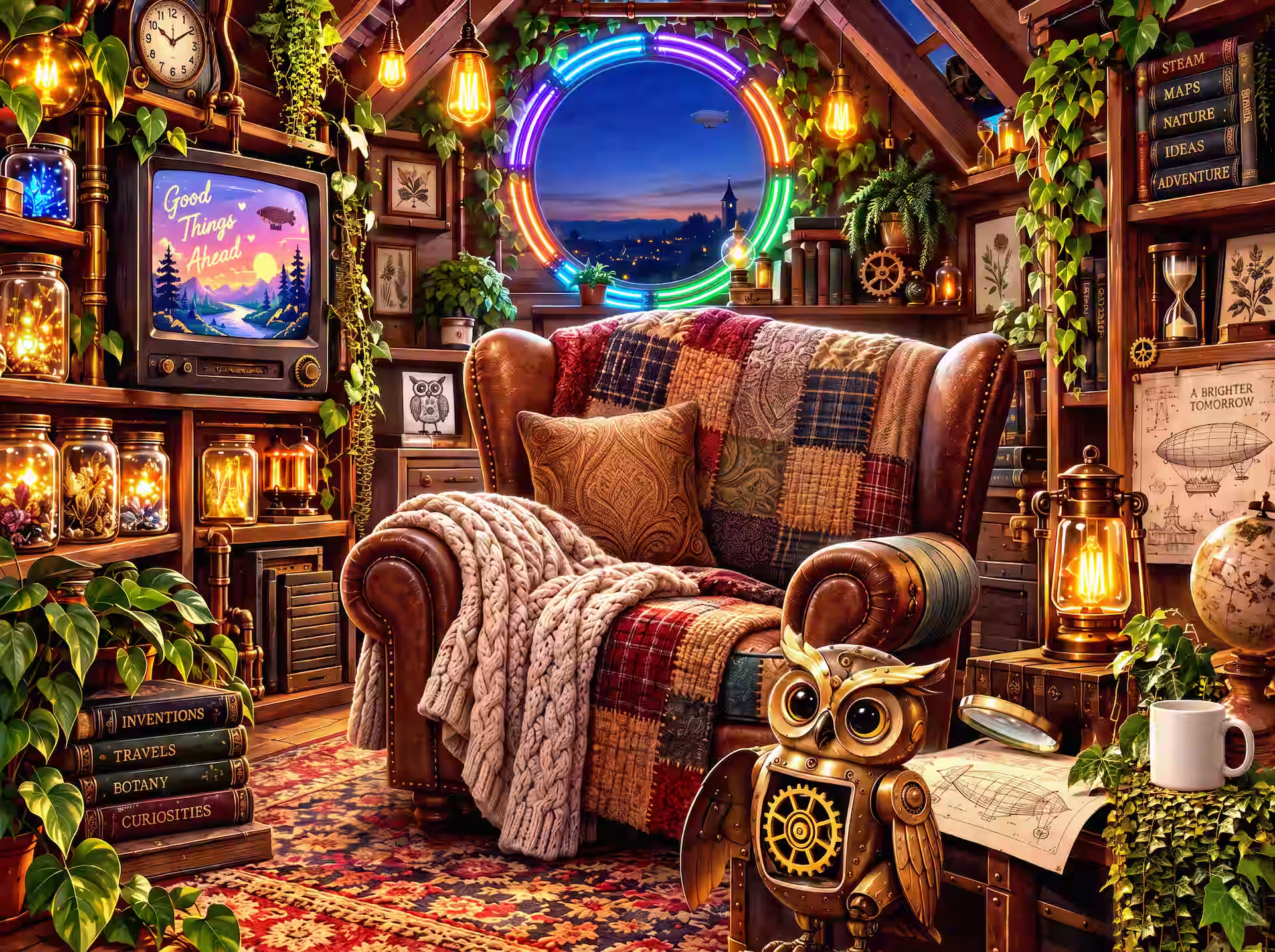 Cozy-Steampunk-Puzzle. Ein gemütlicher Sessel mit gestrickten Decken in einer Steampunk-Dachbodenwerkstatt, mit einer mechanischen Eule, Neonlichtern an der Wand, einem Retro-Fernseher mit Bildrauschen und Bücherregalen voller Zahnräder und elektronischer Bauteile.