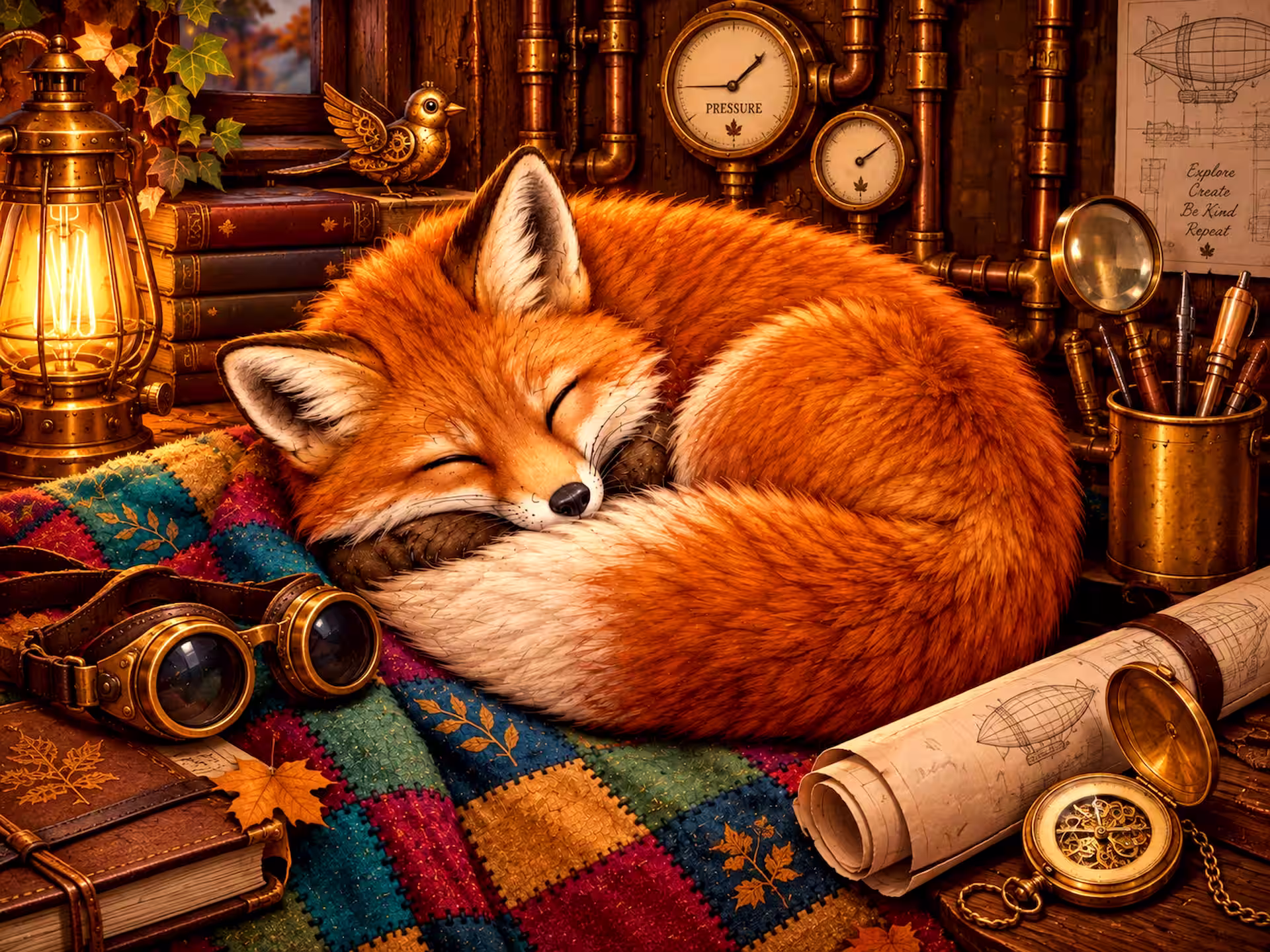 Cozy Steampunk jigsaw puzzle. A highly detailed close-up of a sleeping Steampunk clockwork fox made of ornate, engraved golden metal plates with green inner ears. Its visible mechanical heart glows with pink light under glass armor, and its tail is made of realistic fox fur. It rests on a dark wood workshop table covered in scattered cogs and gears, a copper wire spool, and a glowing Edison light bulb. A modern soldering iron with a lit tip is visible, and a glowing purple neon sign reads 'CLOCKWORK FOX'.