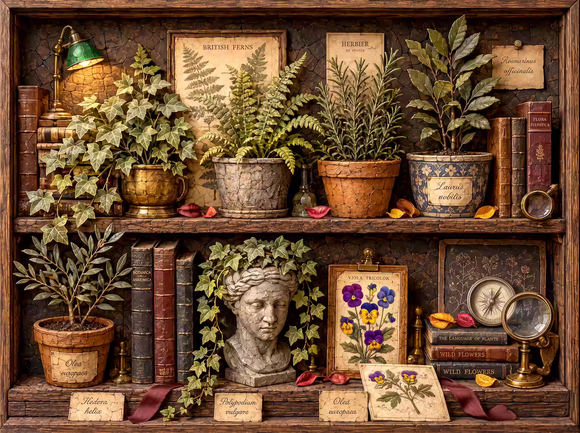 Dark academia jigsaw puzzle. A wooden shelf filled with potted herbs, ivy, old books, botanical prints, a marble bust and magnifying glasses.
