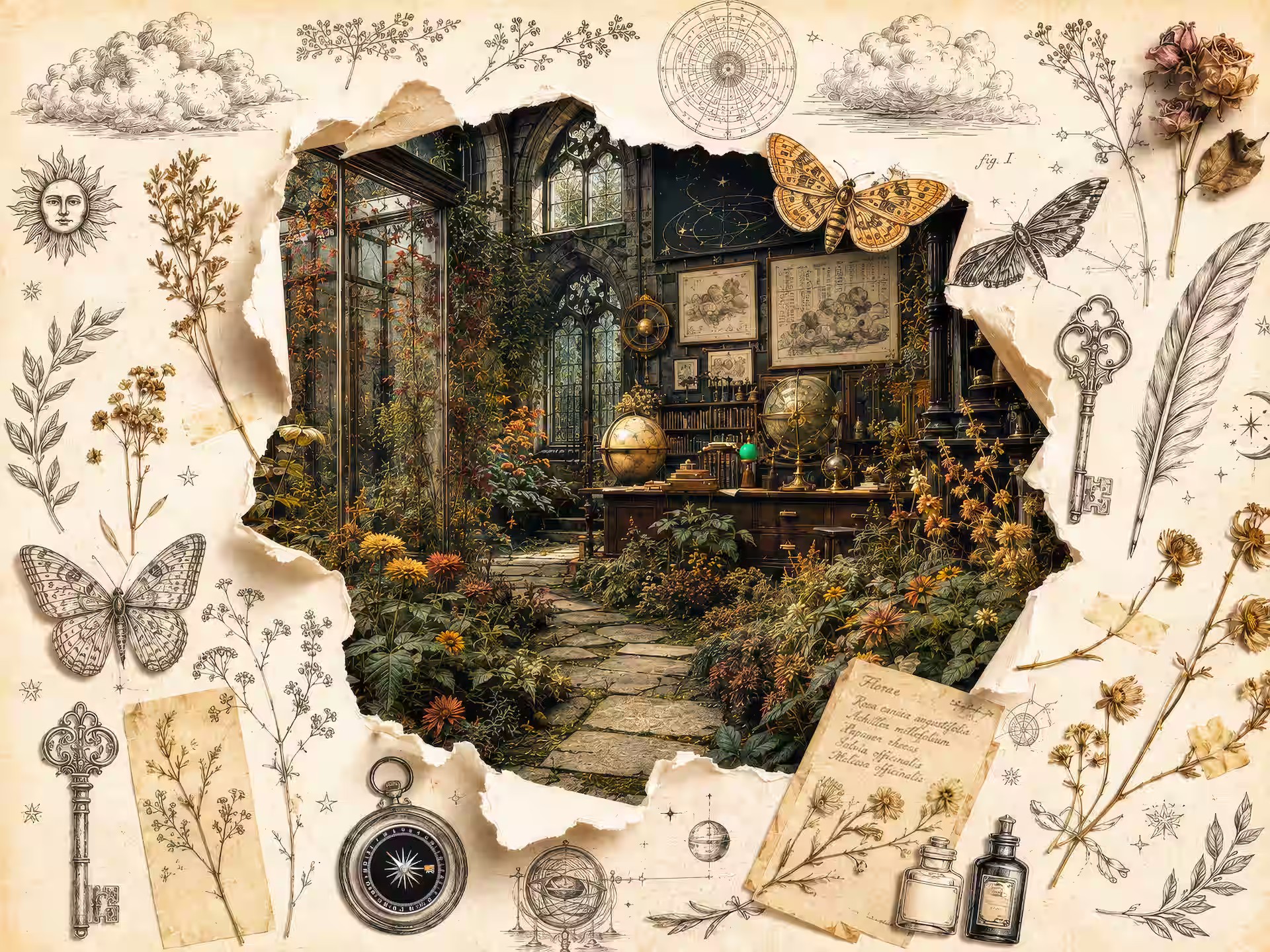 Dark academia jigsaw puzzle. An overgrown study revealed through torn paper, with old books, botanical sketches, dried flowers and a stone path leading inside.