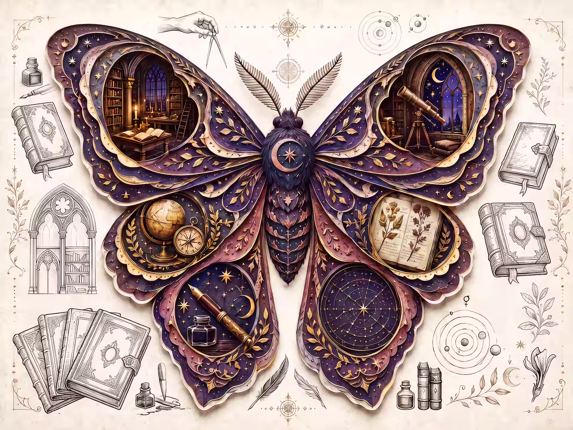 Dark academia jigsaw puzzle. A celestial moth filled with moonlit studies, books, botanical pages and starry scholarly details.