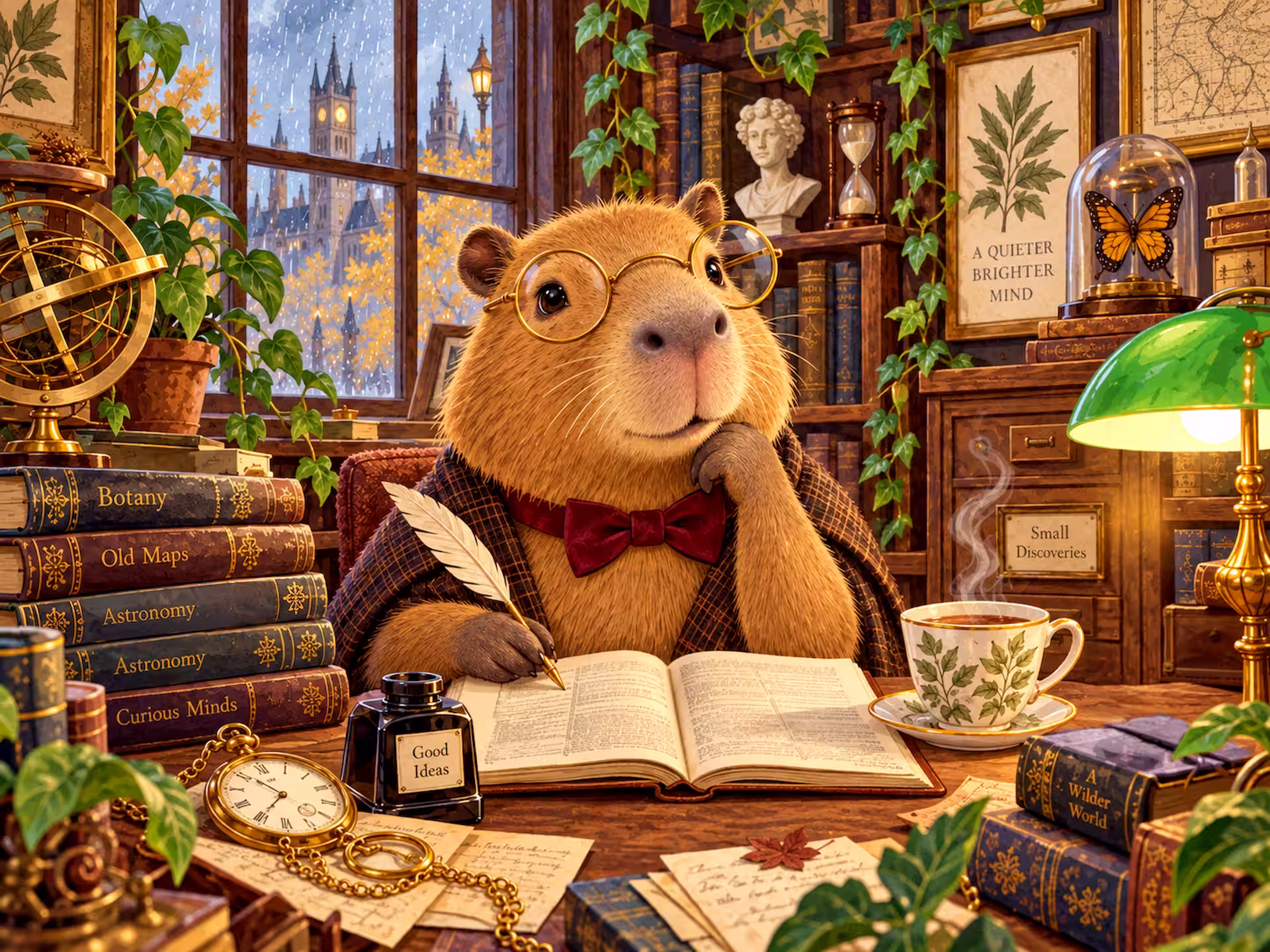 Dark-Academia-Puzzle. Eine scharf gezeichnete kontrastreiche verspielte Szene. Nahaufnahme eines niedlichen flauschigen Capybaras als Professor, mit großer runder goldgerahmter Brille und einer weichen burgunderroten Samtschleife. Das Capybara sitzt an einem dunklen Holztisch und legt die Pfoten auf ein großes aufgeschlagenes antikes Buch. Im Hintergrund stehen hohe Bibliotheksregale voller alter Bücher, wunderschön beleuchtet von glühenden Kerzen und einer klassischen hellgrünen Bankerlampe aus Glas.