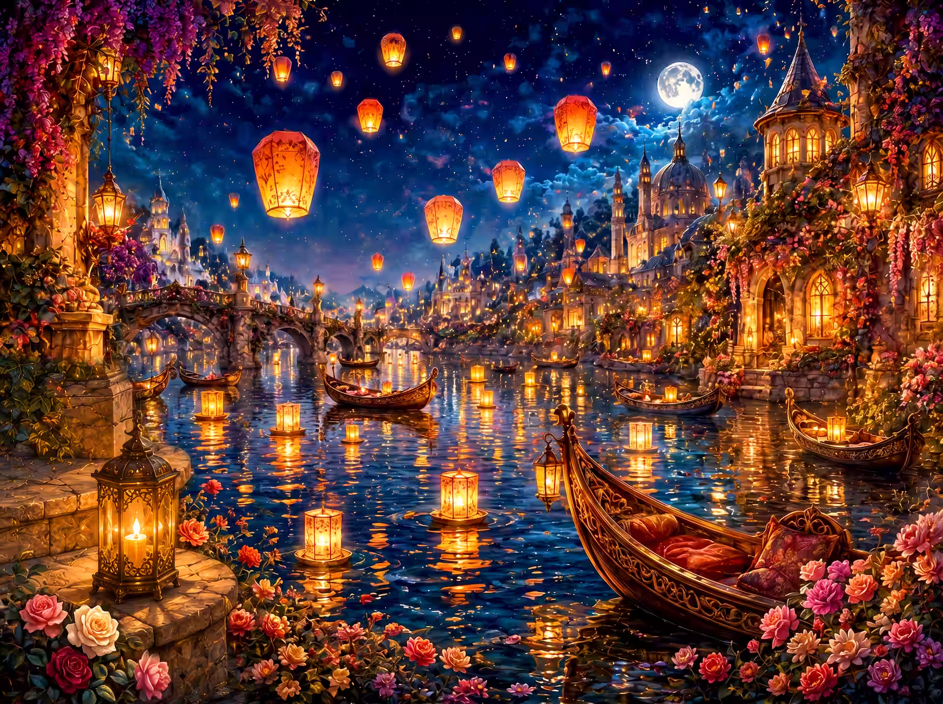 Dark academia jigsaw puzzle. A moonlit canal city filled with floating lanterns, flower-lined bridges and golden boats beneath a glowing night sky.