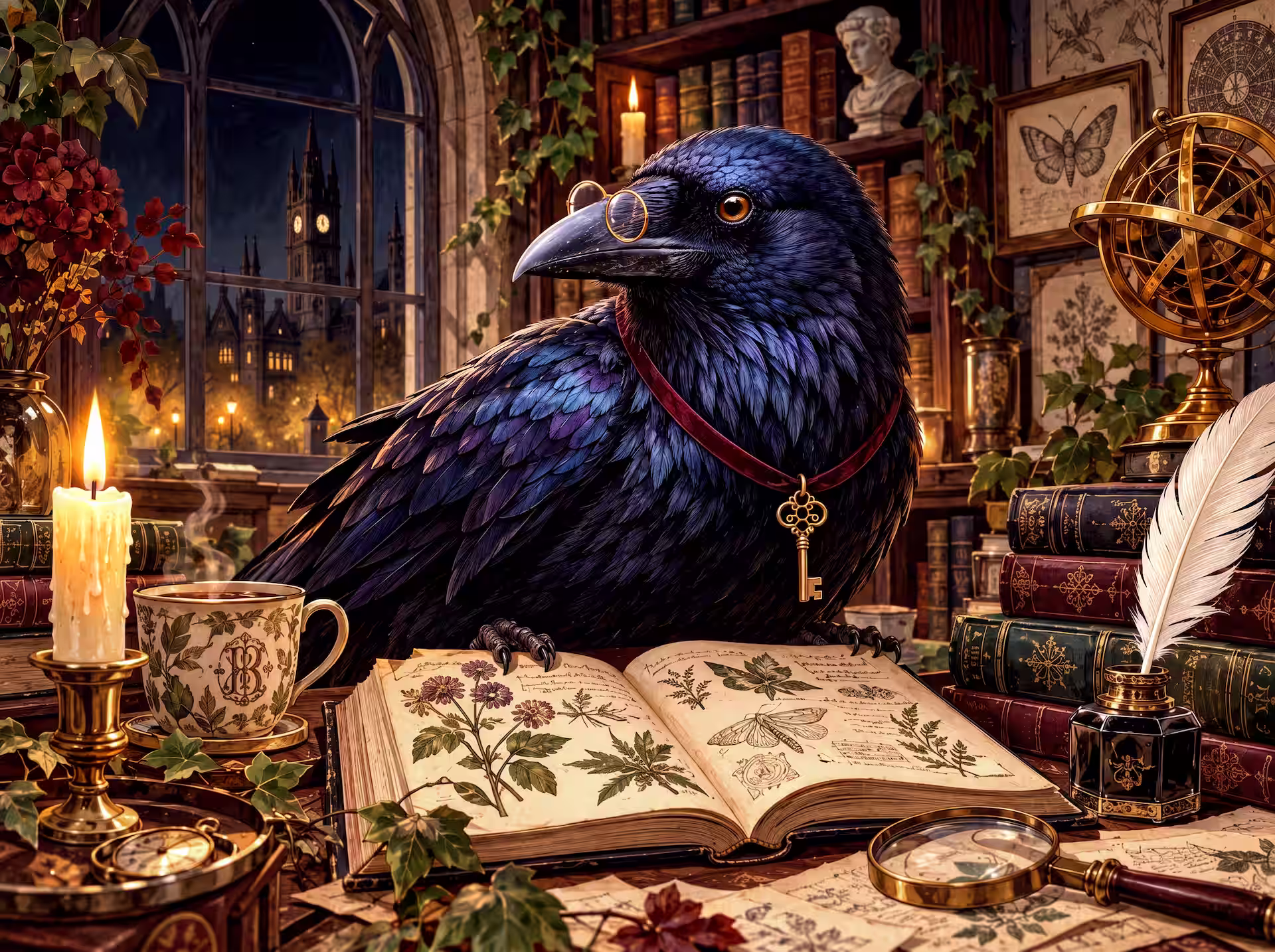 Dark-Academia-Puzzle. Eine scharf gezeichnete kontrastreiche Szene mit einem großen schwarzen Raben, der eine goldgerahmte Brille und ein Samtband mit antikem goldenen Schlüssel trägt. Der Rabe sitzt in einer stimmungsvollen gotischen Bibliothek, umgeben von hohen Bücherregalen voller alter Bücher, brennenden Kerzen auf einem Kandelaber, einem roten Buntglasbogenfenster, einem aufgeschlagenen Vintage-Journal und einer weißen Feder in einem Tintenfass.