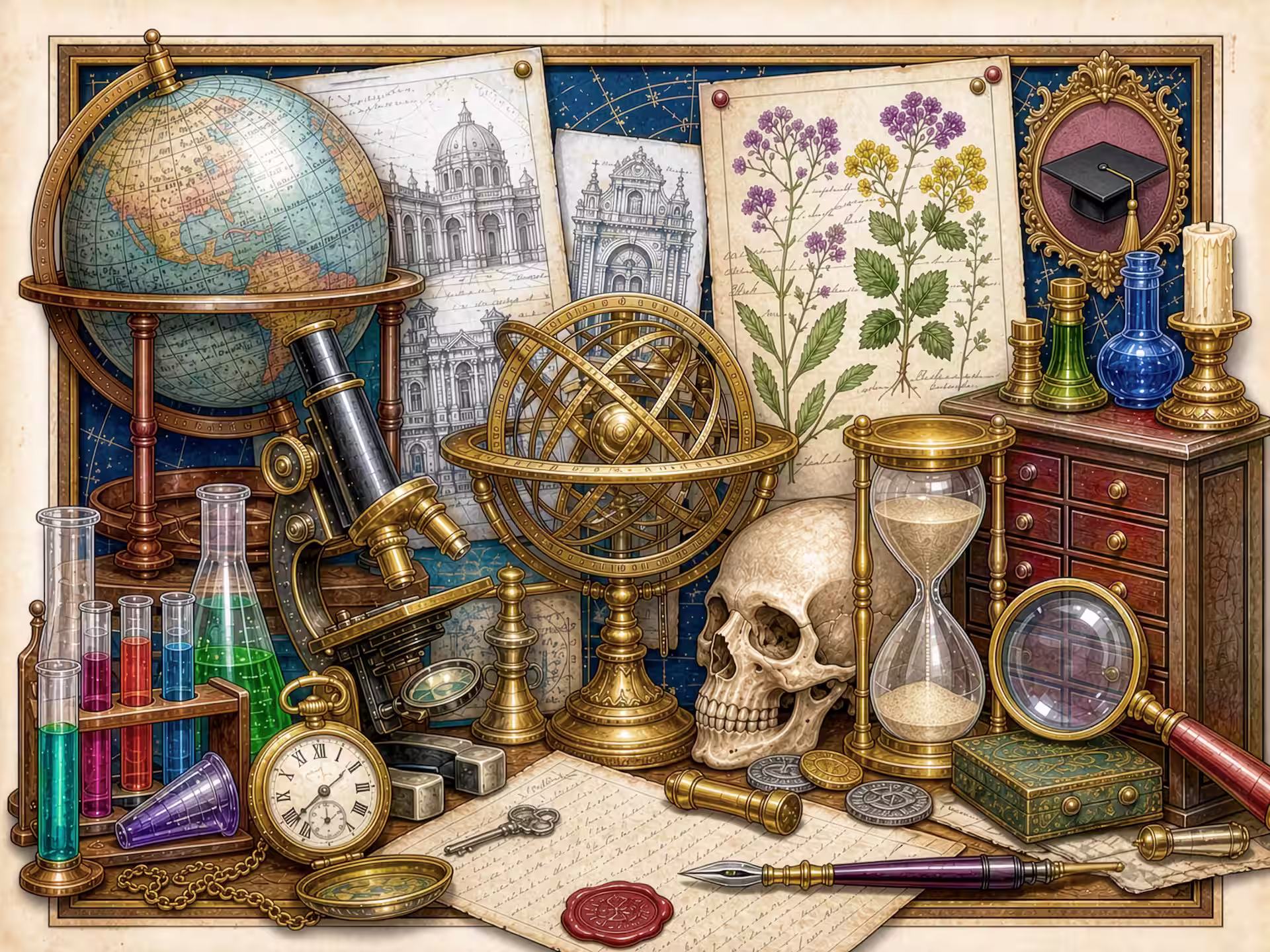Dark-Academia-Puzzle. Ein detailreiches Stillleben eines Gelehrtenschreibtischs voller wissenschaftlicher und akademischer Vintage-Instrumente. Links steht ein altes Messingmikroskop neben bunten Chemie-Reagenzgläsern und einem antiken Globus. In der Mitte liegen eine Messingarmillarsphäre und ein menschlicher Schädel neben Architekturskizzen einer Kathedrale, einer Sanduhr und einem offenen Brief mit rotem Wachssiegel. Rechts hängt eine botanische Studientafel hinter einem kleinen hölzernen Präparatekasten, einer Lupe, gläsernen Alchemiefläschchen und einem gerahmten Porträt mit Doktorhut, vor einem Sternkartenhintergrund.