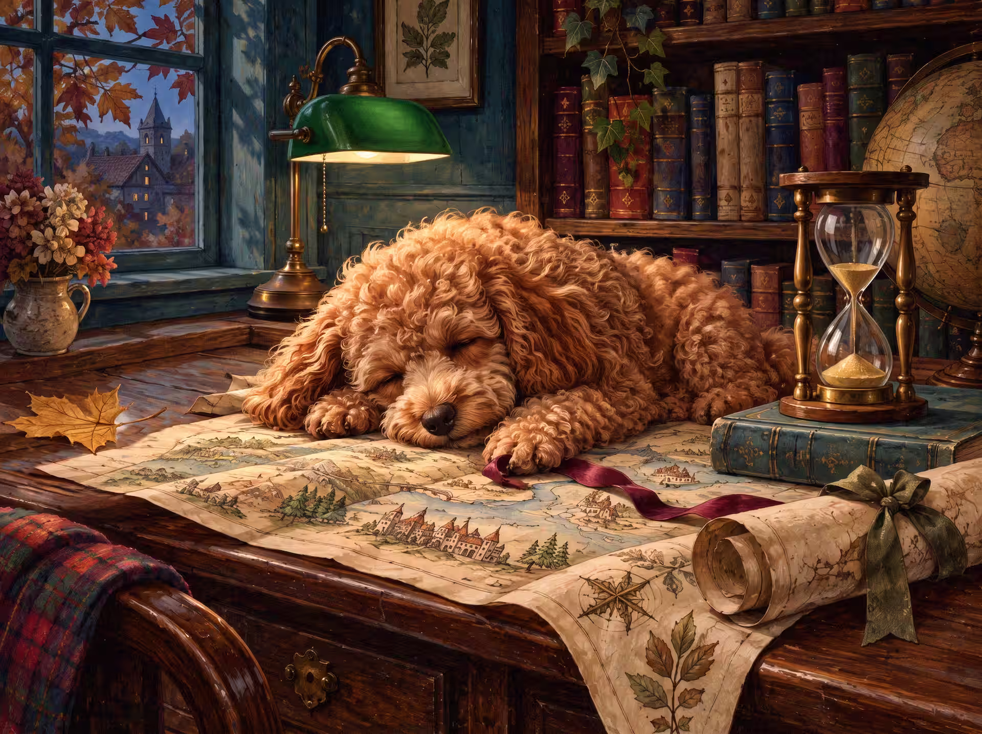 Dark-Academia-Puzzle. Ein goldbrauner Hund mit lockigem Fell schläft auf einer alten illustrierten Karte an einem Bibliothekstisch, umgeben von Büchern, einer Sanduhr und Herbstlaub vor dem Fenster.