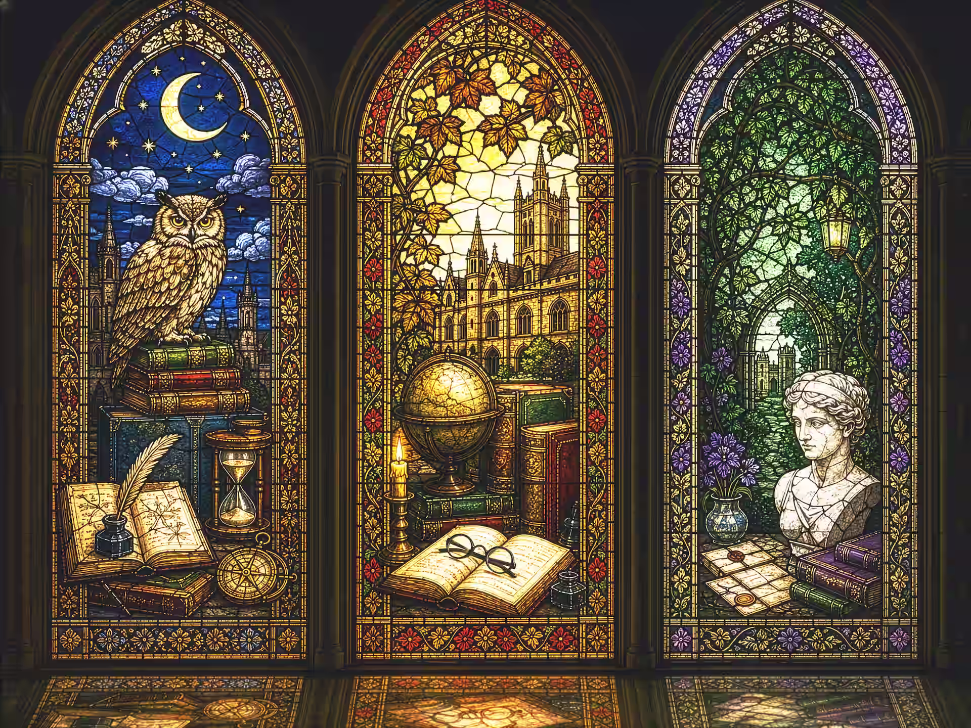 Dark-Academia-Puzzle. Ein hochdetailliertes Buntglas-Triptychon mit drei Bogenfenstern in akademischer Ästhetik. Das linke Fenster zeigt eine Nachtszene mit einer Eule auf Vintage-Büchern, einer Sanduhr, Schreibfeder und Mondsichel. Das mittlere Fenster zeigt eine warme goldene Herbstszene mit einem gotischen Universitätsgebäude, einem antiken Globus, einer brennenden Kerze und einem offenen Buch. Das rechte Fenster zeigt einen üppigen grünen Garten mit einer weißen klassischen Marmorbüste und wachsgesiegelten Briefen. Die kräftigen Glasfarben spiegeln sich auf dem dunklen Boden.