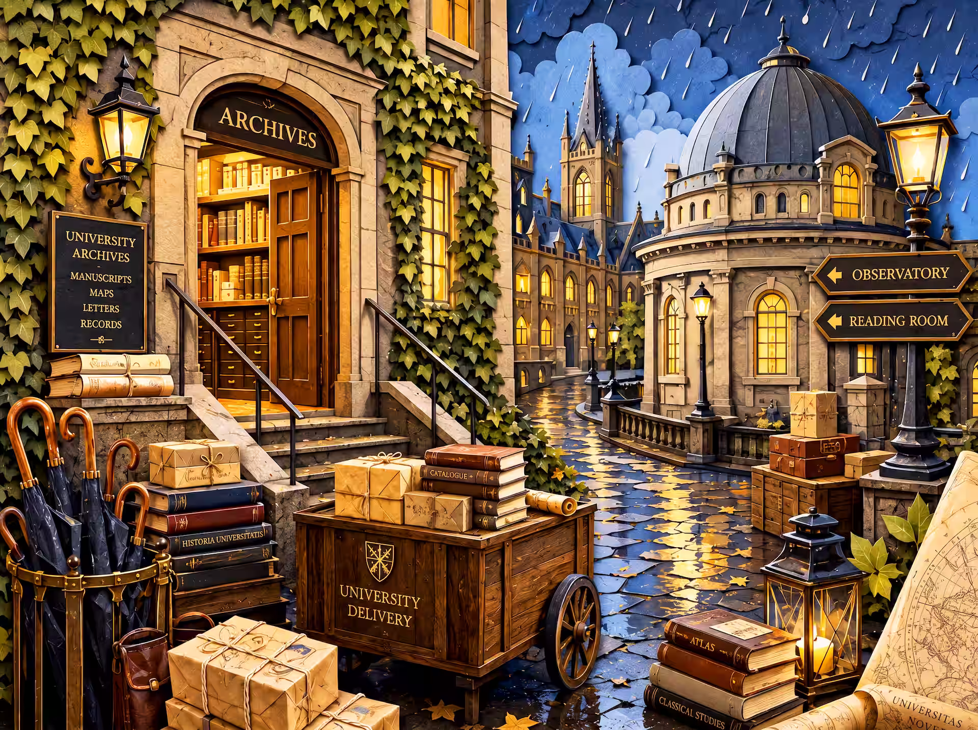Dark academia jigsaw puzzle. A rain-soaked university archive entrance beside an observatory, with glowing windows, parcels, books, umbrellas and lamplit streets.