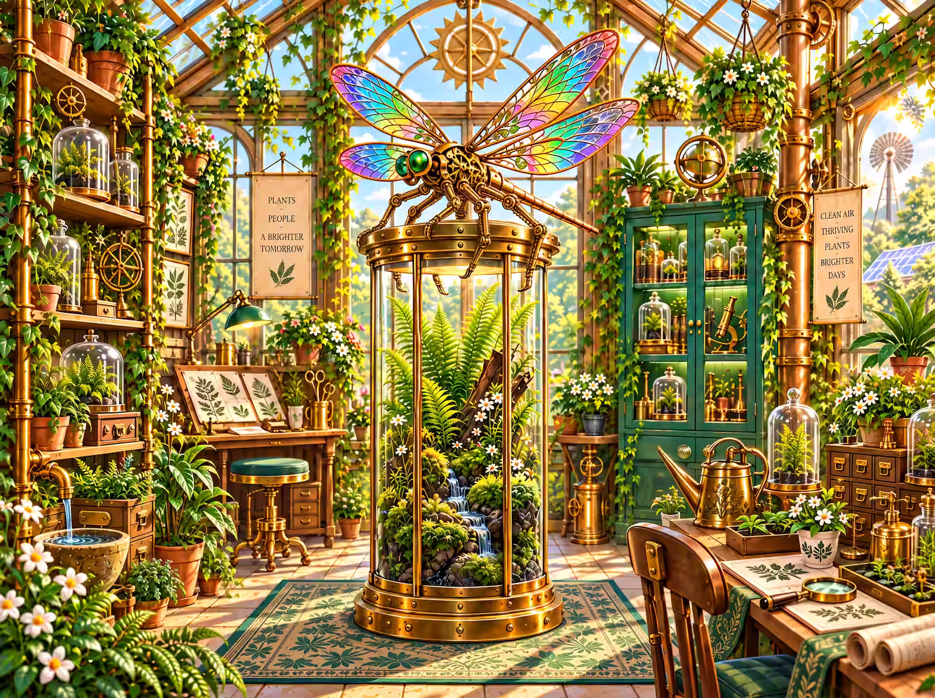 Cozy-Steampunk-Puzzle. Ein botanisches Labor in einem gläsernen Gewächshaus. In der Mitte sitzt eine große mechanische Uhrwerklibelle mit leuchtend violetten Messingflügeln auf einer hohen Terrariumsäule aus Glas, die mit grünen Farnen gefüllt ist. Der Raum besitzt Regale mit leuchtenden Neonflüssigkeiten, einen Wasserbrunnen aus Kupferrohren, einen Retro-Computermonitor und einen Serverschrank voller Elektronik. Im Vordergrund steht ein dampfender Metallbecher auf einem Buch.