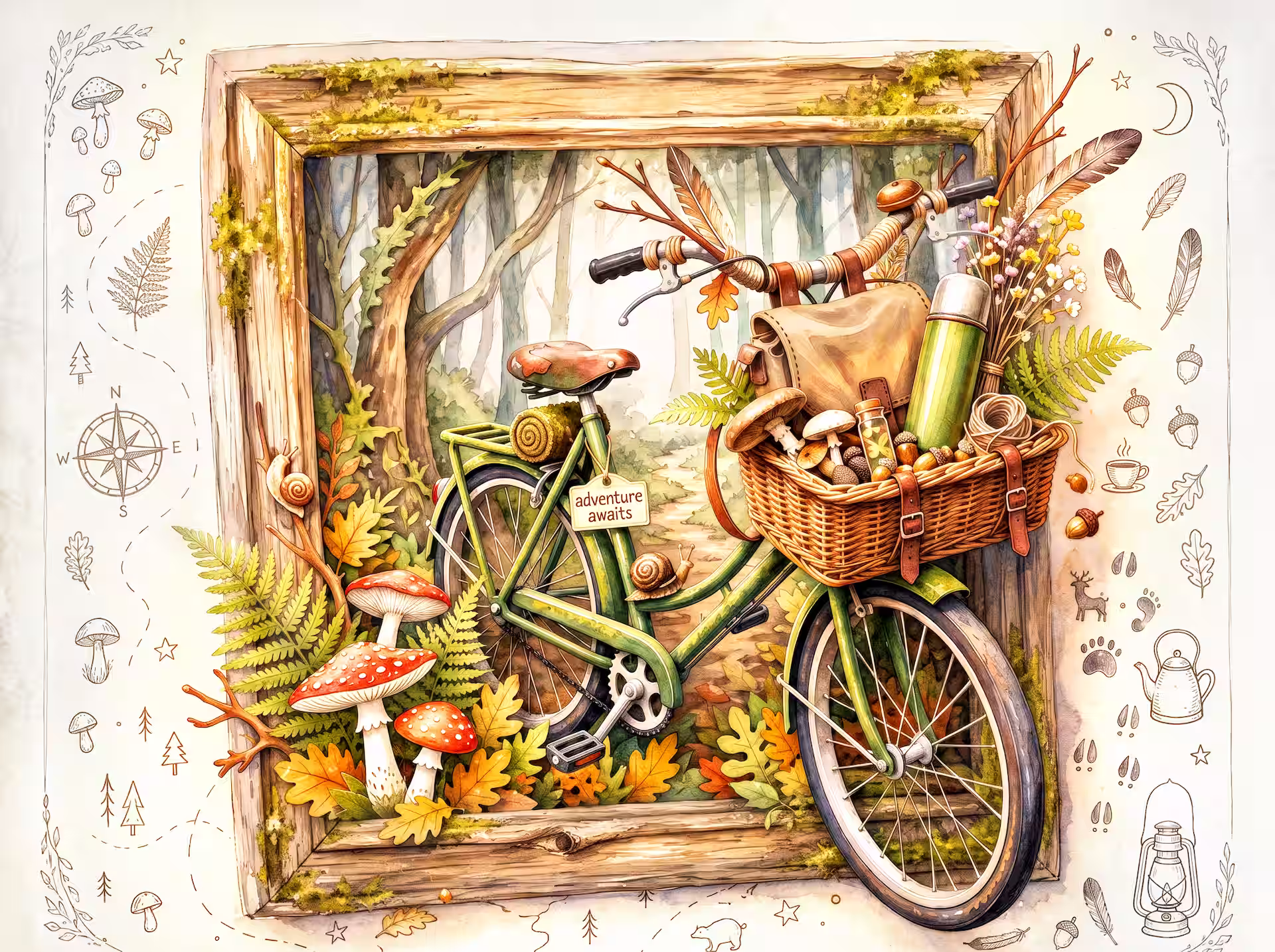 Goblincore jigsaw puzzle. An autumn bicycle with a wicker basket full of forest finds, surrounded by mushrooms, ferns, acorns and fallen leaves on a woodland path.