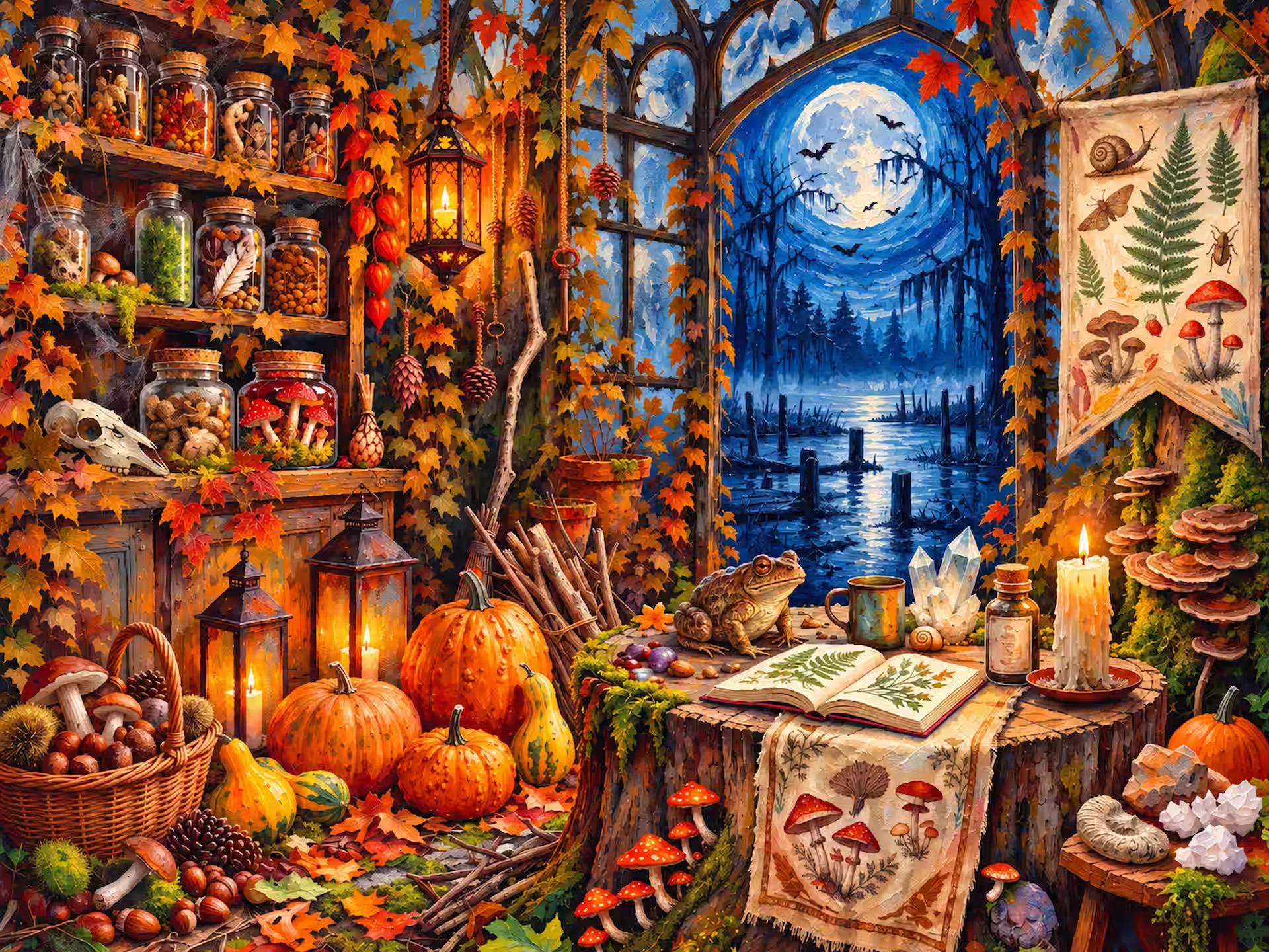 Goblincore jigsaw puzzle. A cozy autumn study opens onto a moonlit marsh, with a frog, specimen jars, mushrooms, pumpkins, crystals and botanical notes among ivy and moss.