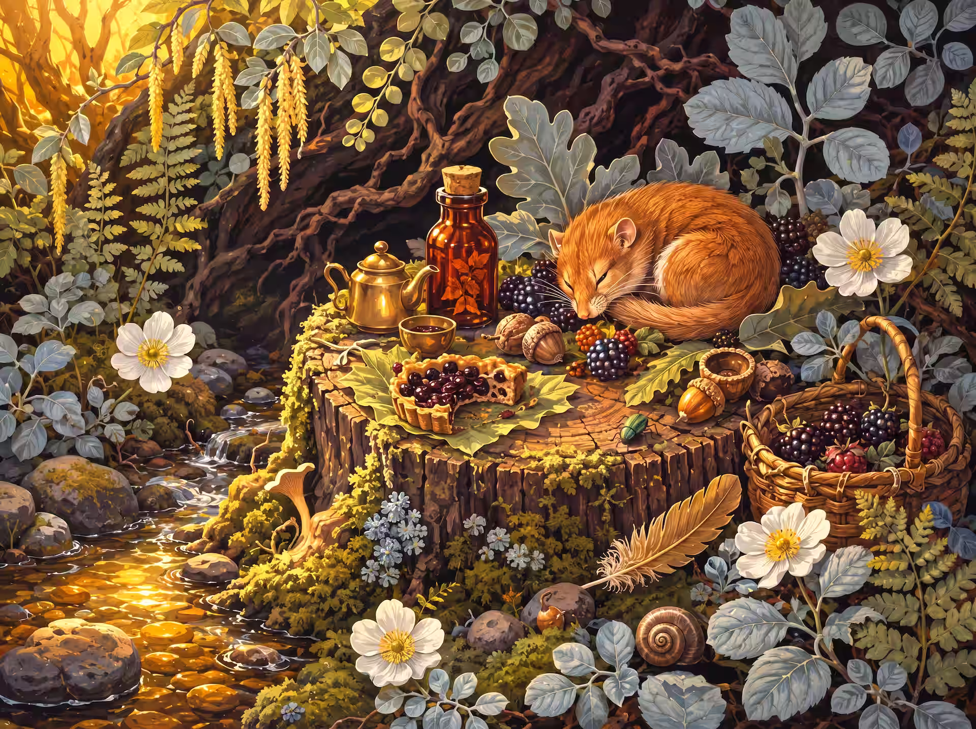 Goblincore jigsaw puzzle. A woodland picnic on a tree stump beside a stream, with blackberries, berry tart, a sleeping little mouse and warm golden light.