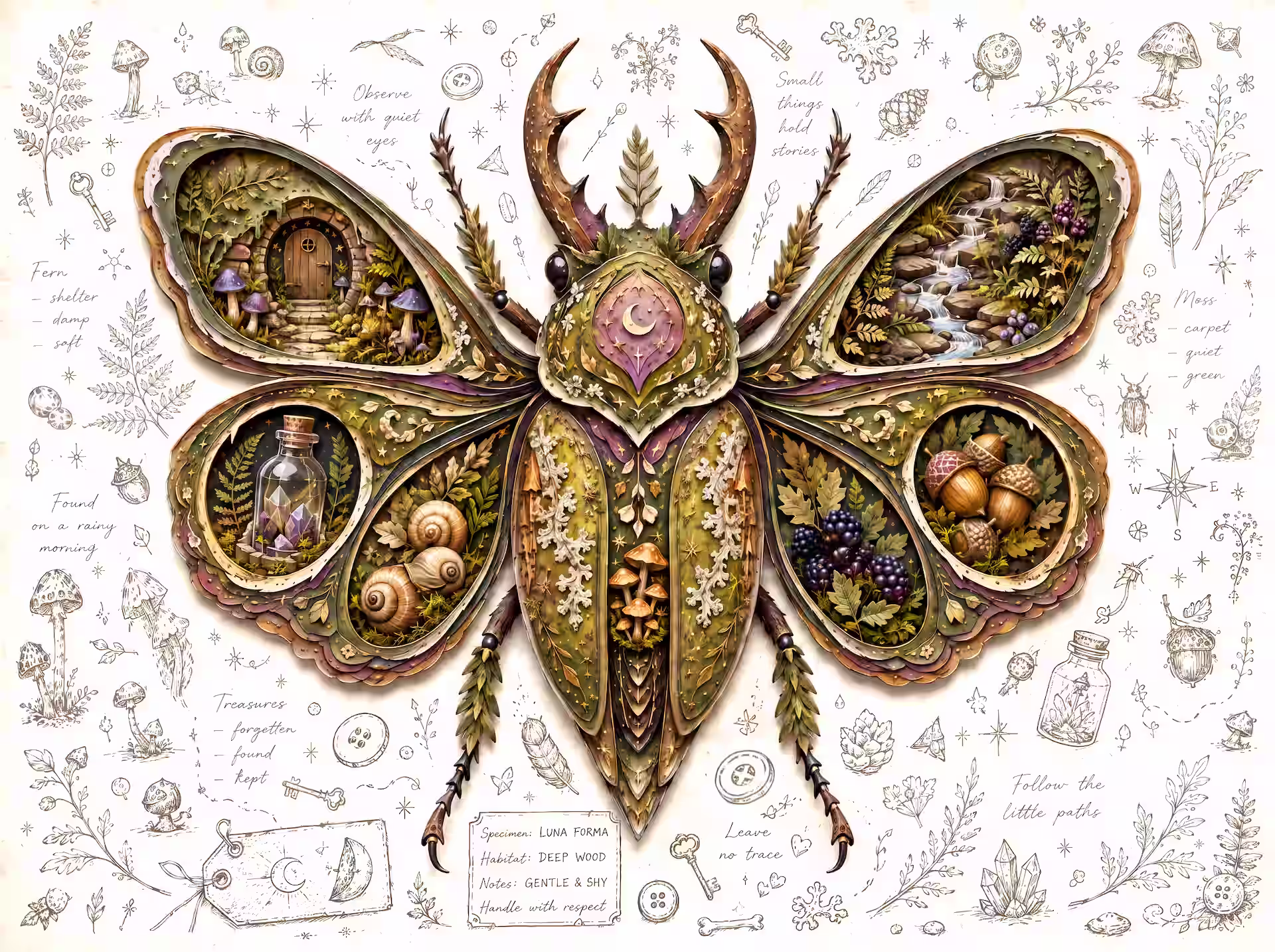 Goblincore-Puzzle. Ein geschichteter Waldkäfer voller kleiner Waldszenen, Pilze, Schneckenhäuser, Beeren, Eicheln und handgezeichneter Natur-Notizen.