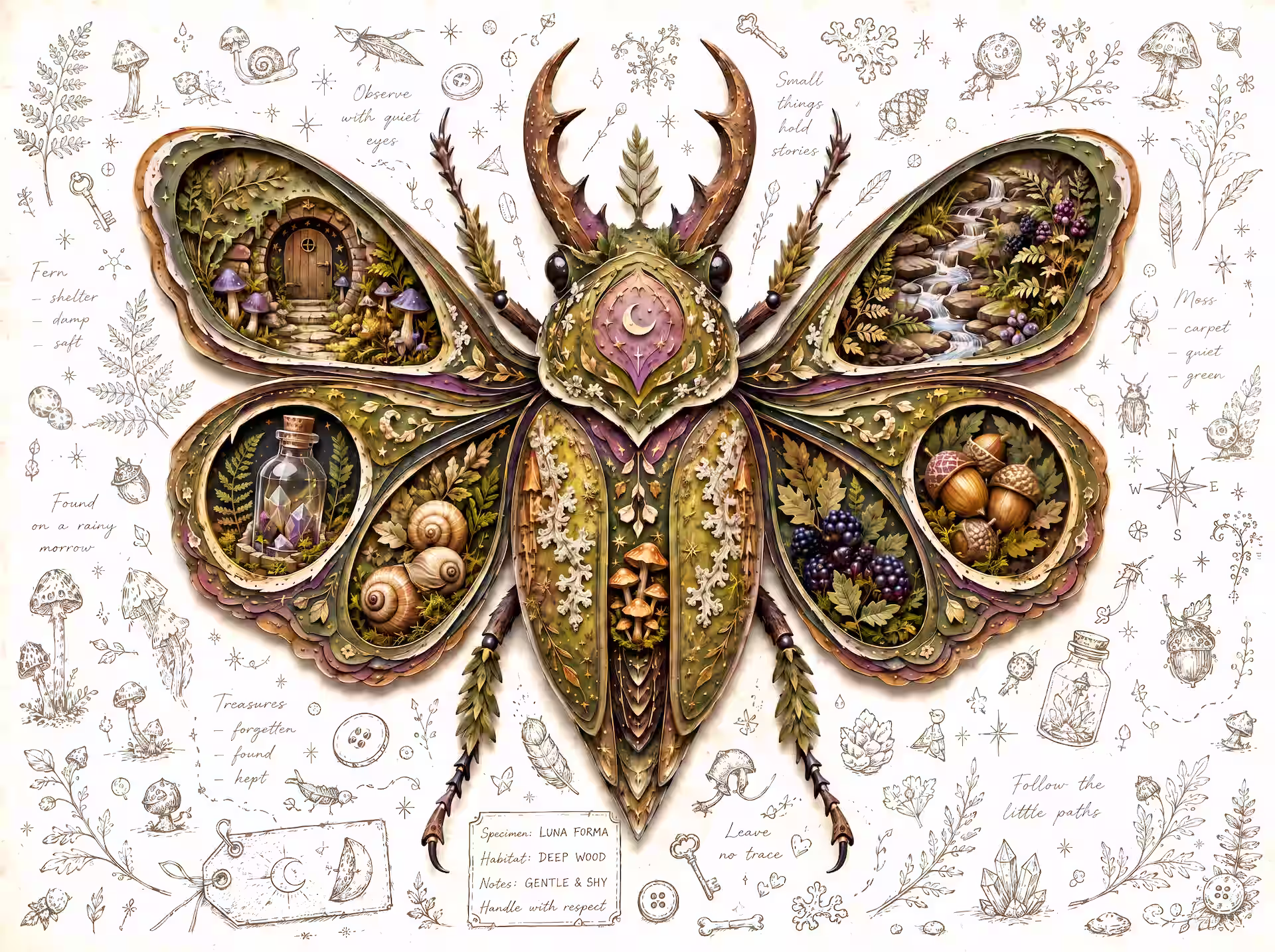 Goblincore jigsaw puzzle. A layered forest beetle filled with tiny woodland scenes, mushrooms, shells, berries, acorns and hand-drawn nature notes.