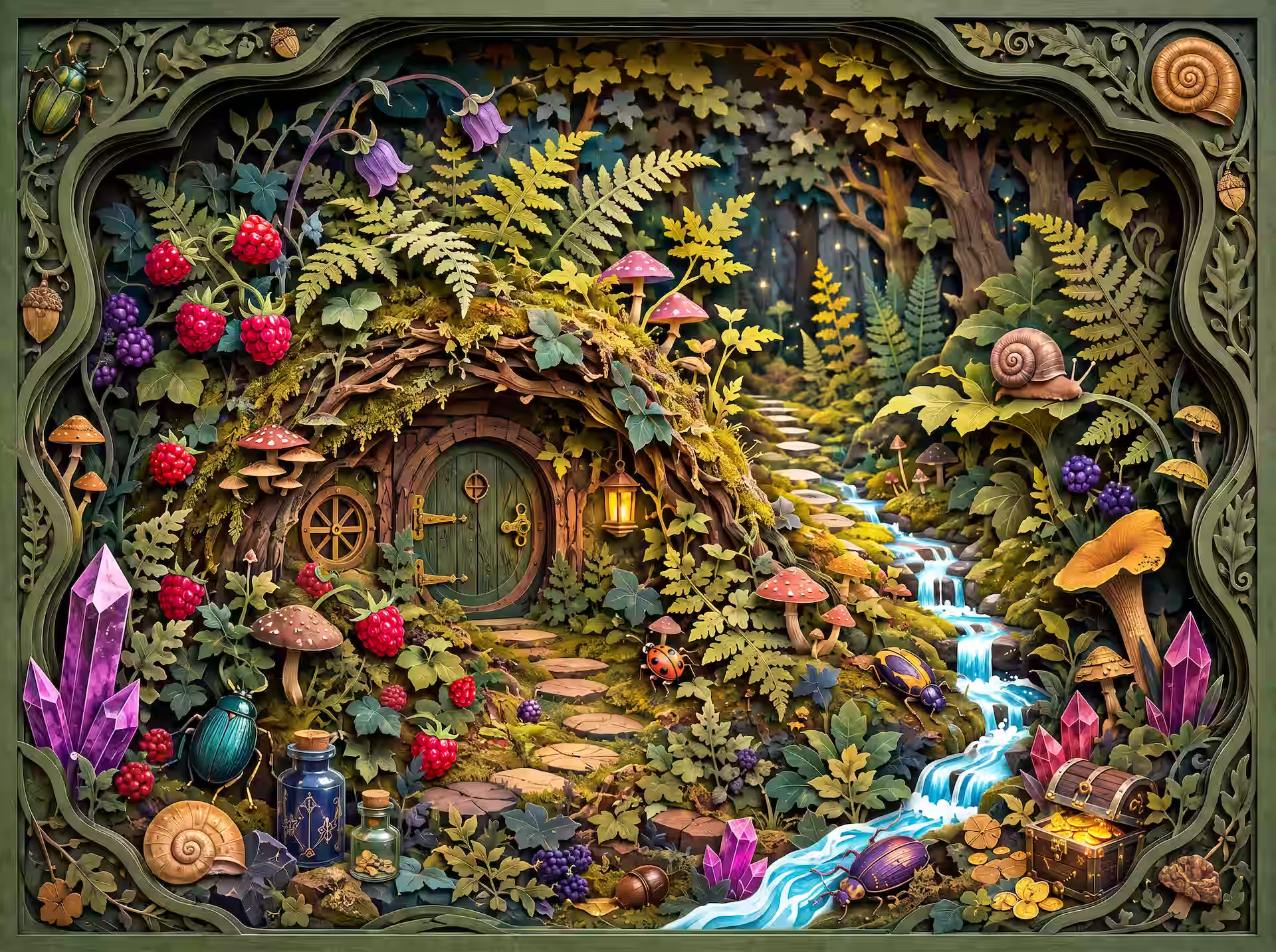Goblincore jigsaw puzzle. A hidden forest burrow surrounded by ferns, berries, mushrooms, crystals and a little stream winding through the woods.