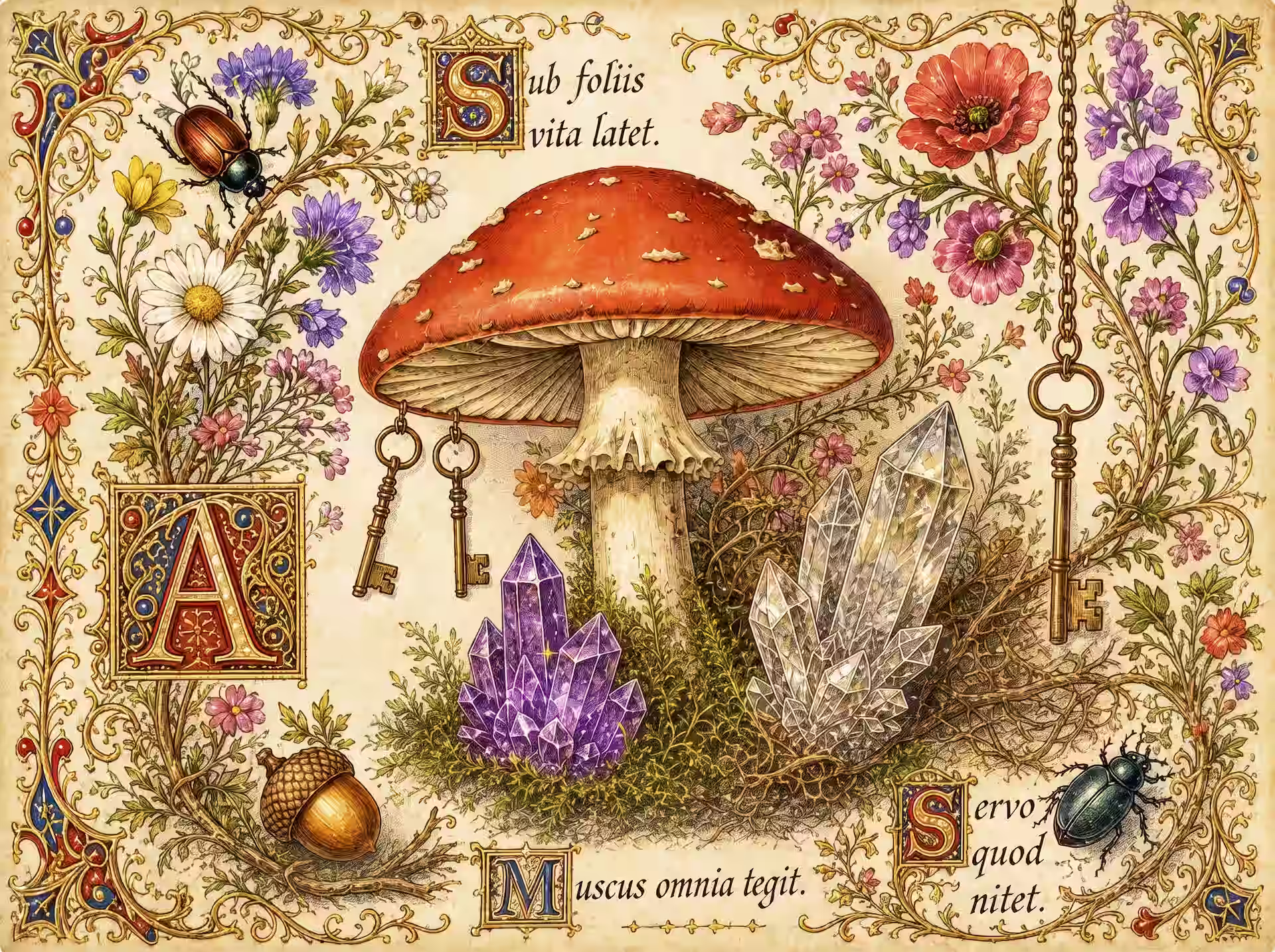 Goblincore-Puzzle. Eine kunstvolle Goblincore-Illustration im Stil eines mittelalterlichen illuminierten Manuskripts auf gealtertem Pergament. Im Mittelpunkt steht ein detaillierter roter Fliegenpilz (Amanita muscaria), unter dessen Hut zwei antike Messingschlüssel hängen. Neben dem Pilzfuß liegen leuchtende Cluster aus violettem Amethyst und klarem Quarz, eingebettet in weiches Moos. Die Komposition ist mit zarten Wildblumen, einer Eichel, krabbelnden Käfern, illuminierten kalligrafischen Initialen, goldenen Filigranrändern und lateinischer Schrift verziert. Ein dritter Messingschlüssel hängt rechts an einer Kette.
