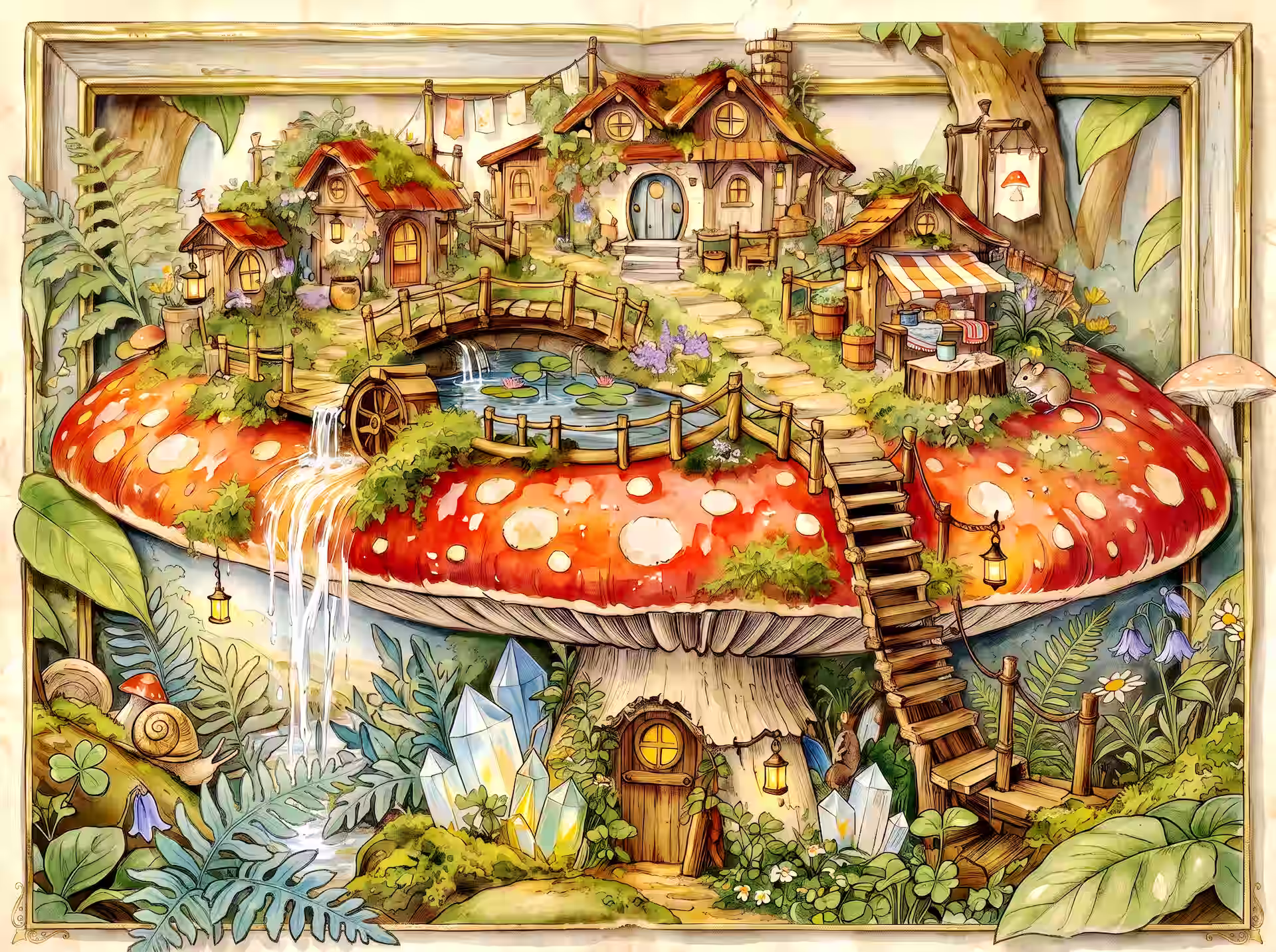 Goblincore-Puzzle. Eine scharf gezeichnete kontrastreiche Fantasieszene. Ein winziges Dorf aus rustikalen reetgedeckten Häuschen mit leuchtenden Fenstern wurde auf einem riesigen roten Fliegenpilz mit weißen Punkten errichtet. Gewundene Holzbrücken und Wege verbinden die Häuser. Ein großer grau-brauner Nachtfalter sitzt am Rand des Hutes. Unter den Lamellen strahlt ein Bündel magischer Kristalle cyanfarbenes, violettes und grünes Licht aus. Die Szene ist von tiefgrünen Farnen und gelben Waldbeeren umgeben.