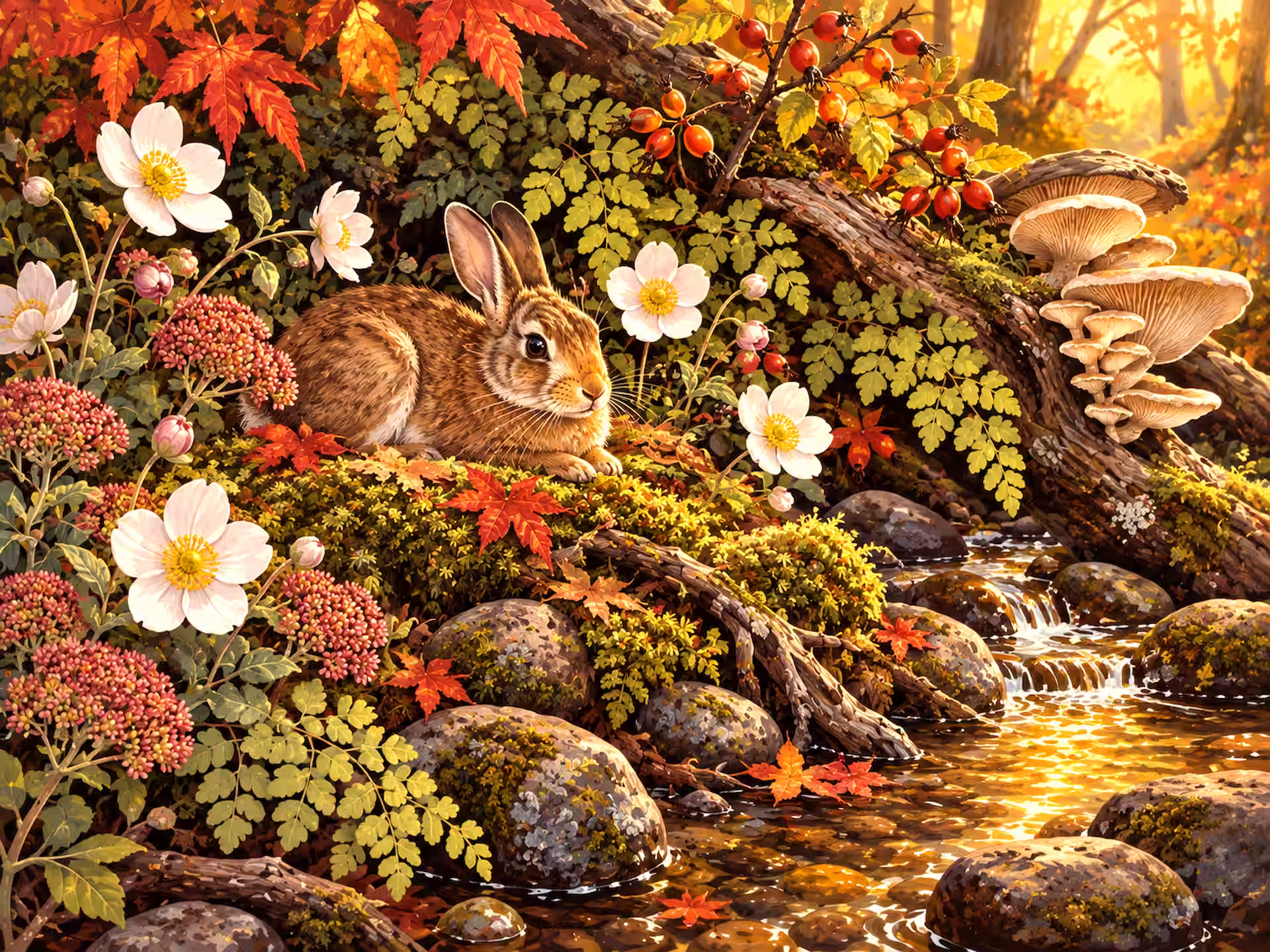 Goblincore jigsaw puzzle. A small rabbit rests beside a sunlit forest stream among mossy rocks, white flowers, rose hips and wild mushrooms.