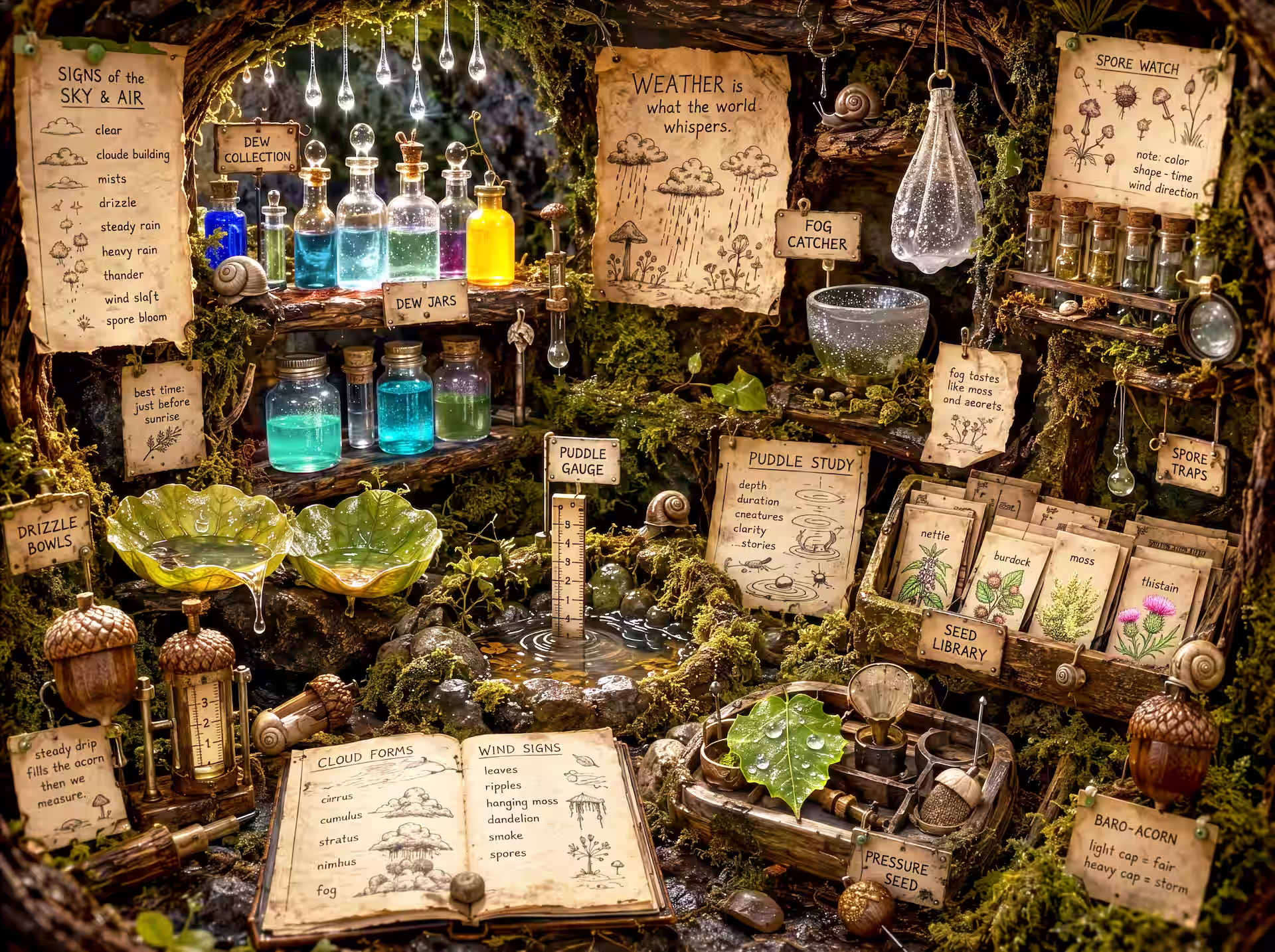 A goblincore weather station inside a mossy woodland burrow, filled with dew bottles, dripping bowls, handwritten weather charts, seed drawers and tiny tools around a puddle gauge.
