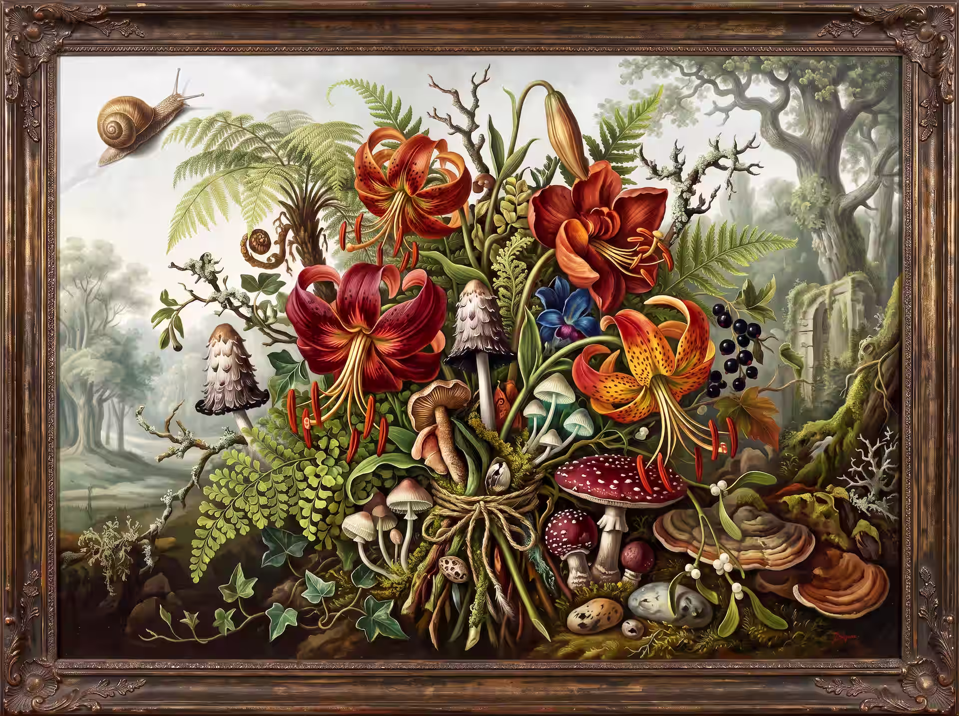 Goblincore jigsaw puzzle. A wild forest bouquet of lilies, ferns, mushrooms, ivy and tiny woodland treasures, arranged against a misty woodland backdrop.